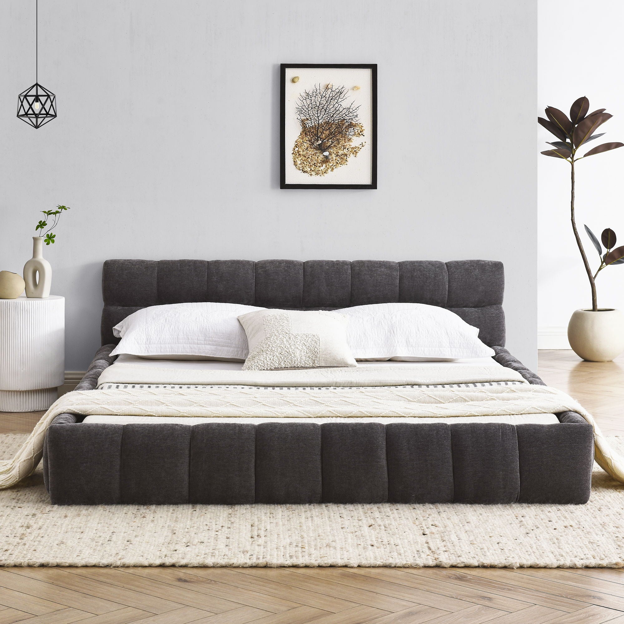 Modern Platform Bed Frame With Thick Chenille Fabric