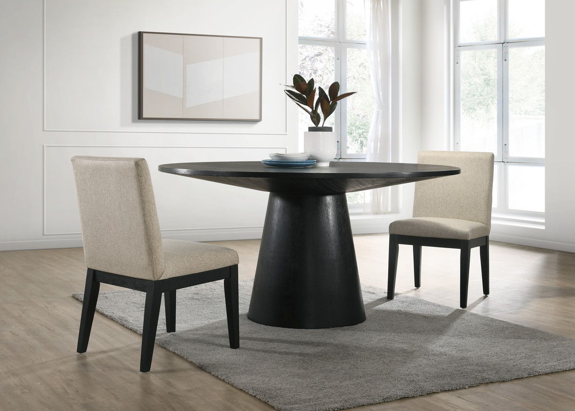 Jasper Ebony Black 3 Piece 59" Contemporary Round Dining Table Set with Pedestal Base and Beige Fabric Chairs