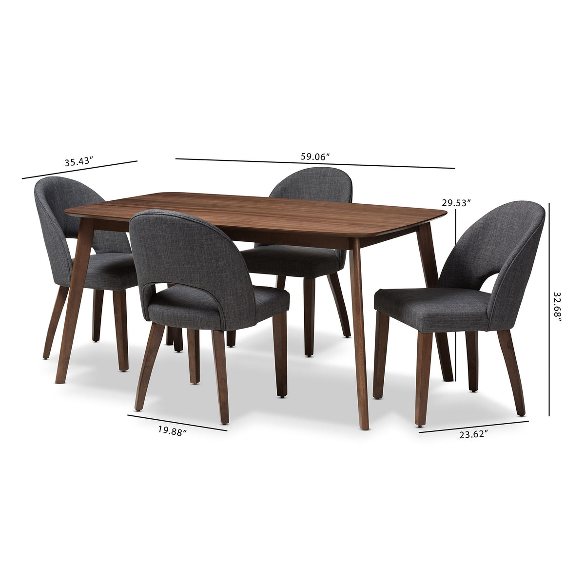 Wesley Mid-Century Modern Dark Grey Fabric Upholstered Walnut Finished Wood 5-Piece Dining Set