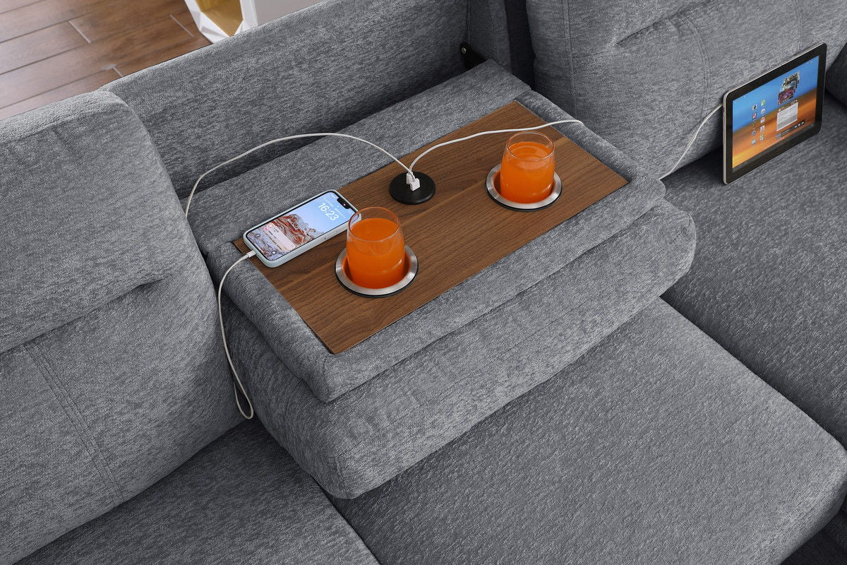 Kipling II 94"W Light Gray Chenille Fabric Sleeper Sectional Sofa with Right-Facing Chaise, Cupholders, USB Charging port