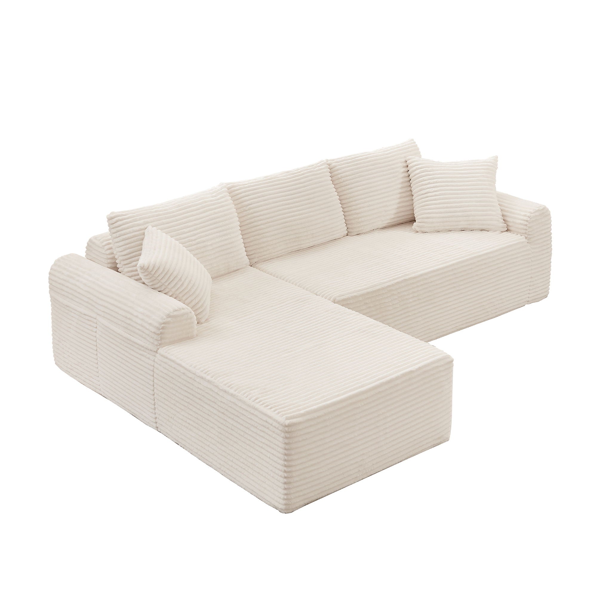 Modular Corduroy Sectional With Arched Armrests, Includes 3 Back Cushions & 2 Throw Pillows
