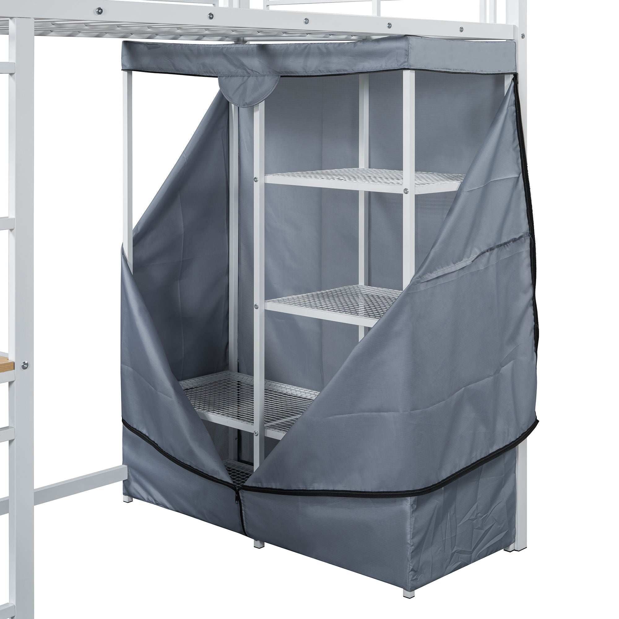 Loft Bed With Desk, Shelves, Power Outlet, LED Light And Wardrobe