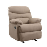 The lovely Arcadia recliner offers comfort, style and value for any home. A smooth microfiber seat cushion provides relaxation from seat to toe with an easy to reach external handle for operating the reclining mechanism.