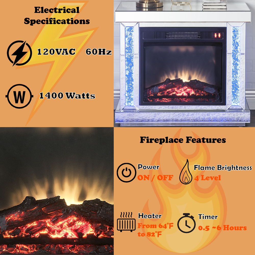 Noralie - Fireplace - Mirrored & Faux Diamonds