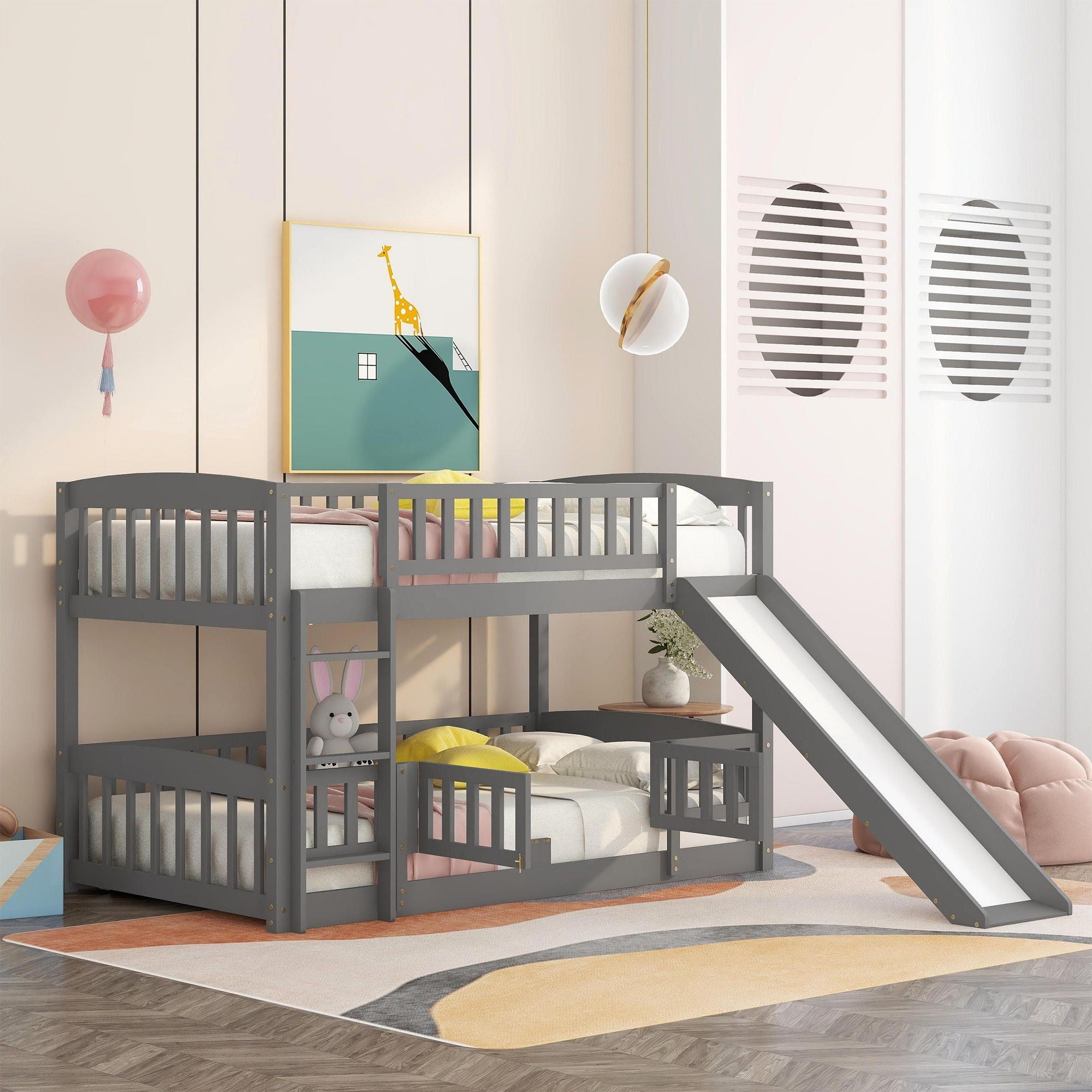 Low Bunk Bed With Slide, Fence And Ladder