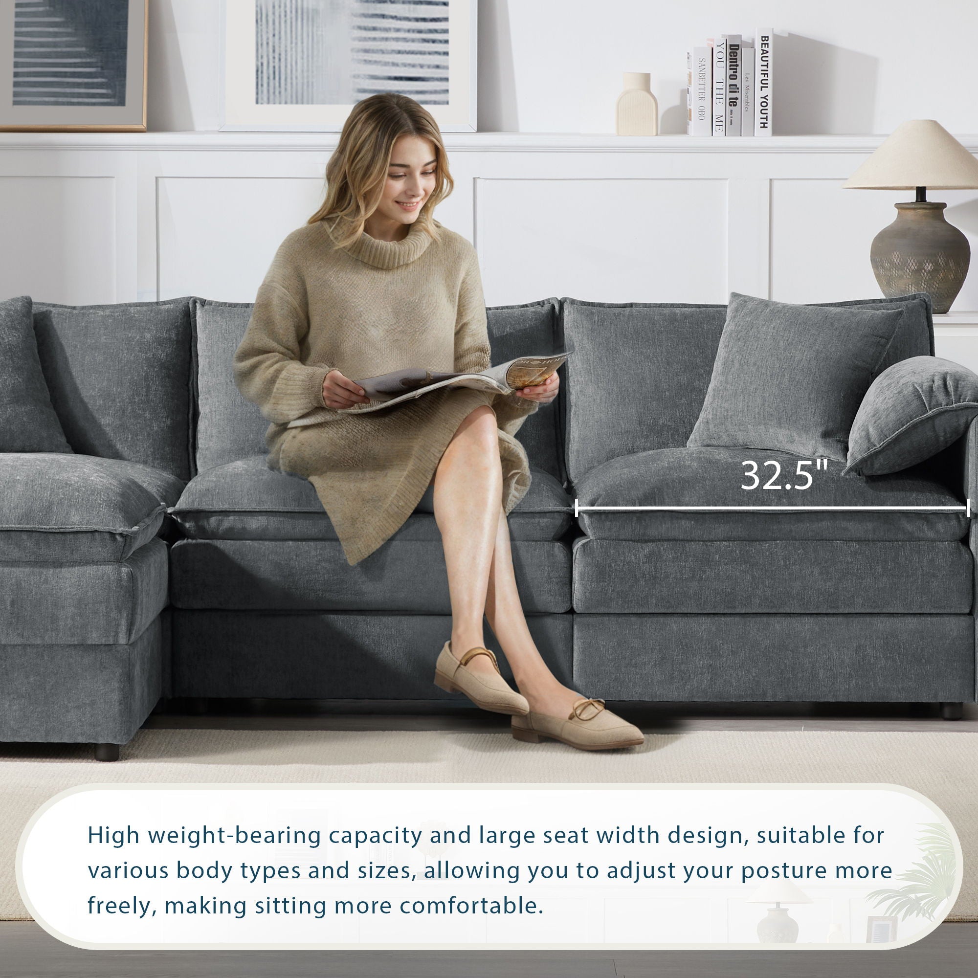 Modular Sectional With Deep And Wide Seat, Cloud Couch Set With Double Cushions Sofa With Movable Ottoman