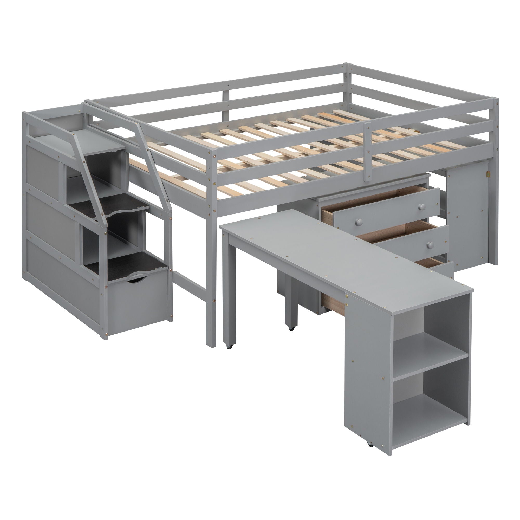 Loft Bed With Retractable Writing Desk And 3 Drawers With Storage Stairs And Shelves