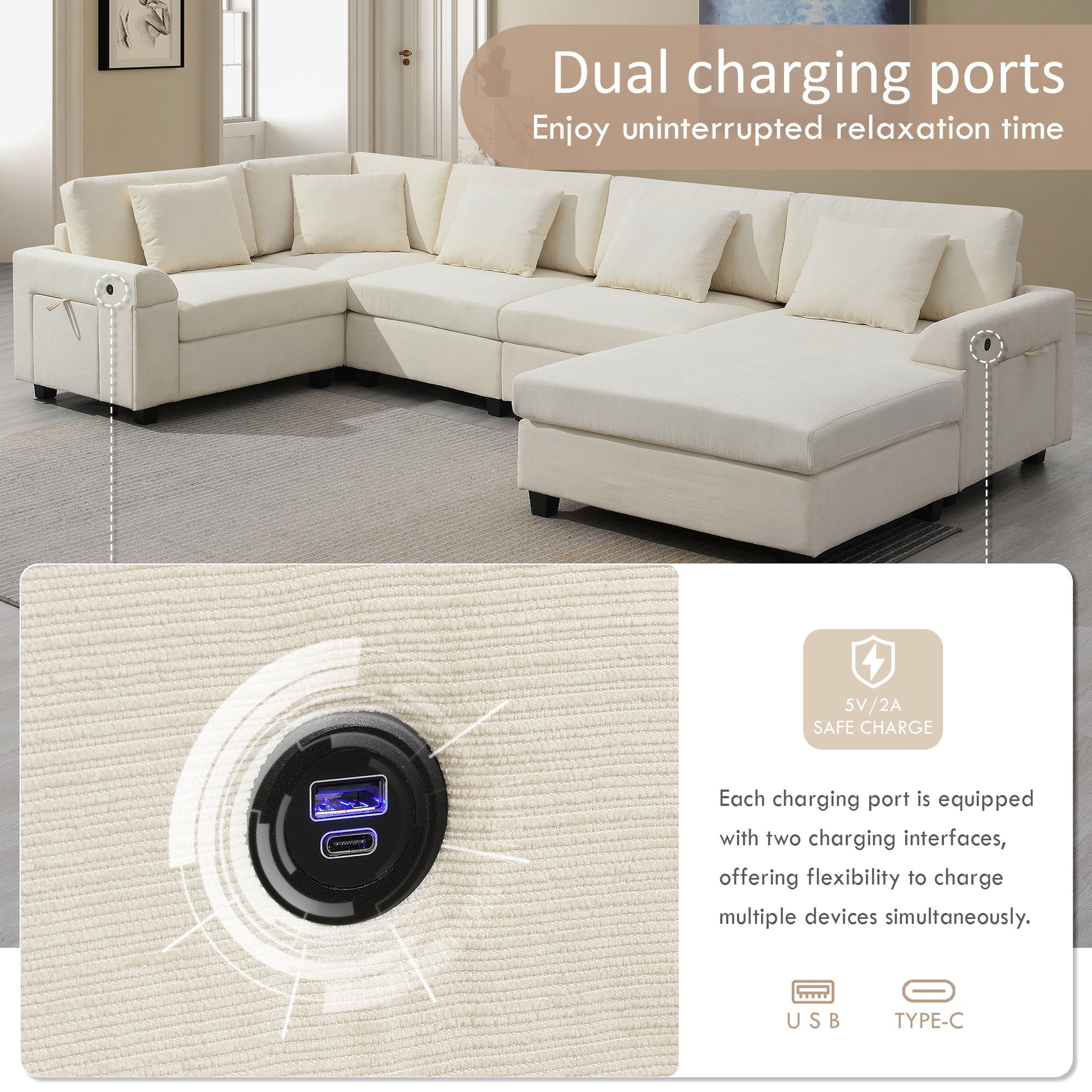 U Shaped Sectional Sofa 6 Seat Couch Set With Oversized Ottoman, Hidden Armrest Storage And Cup Holders USB Charging Ports Wide Seat Sofa