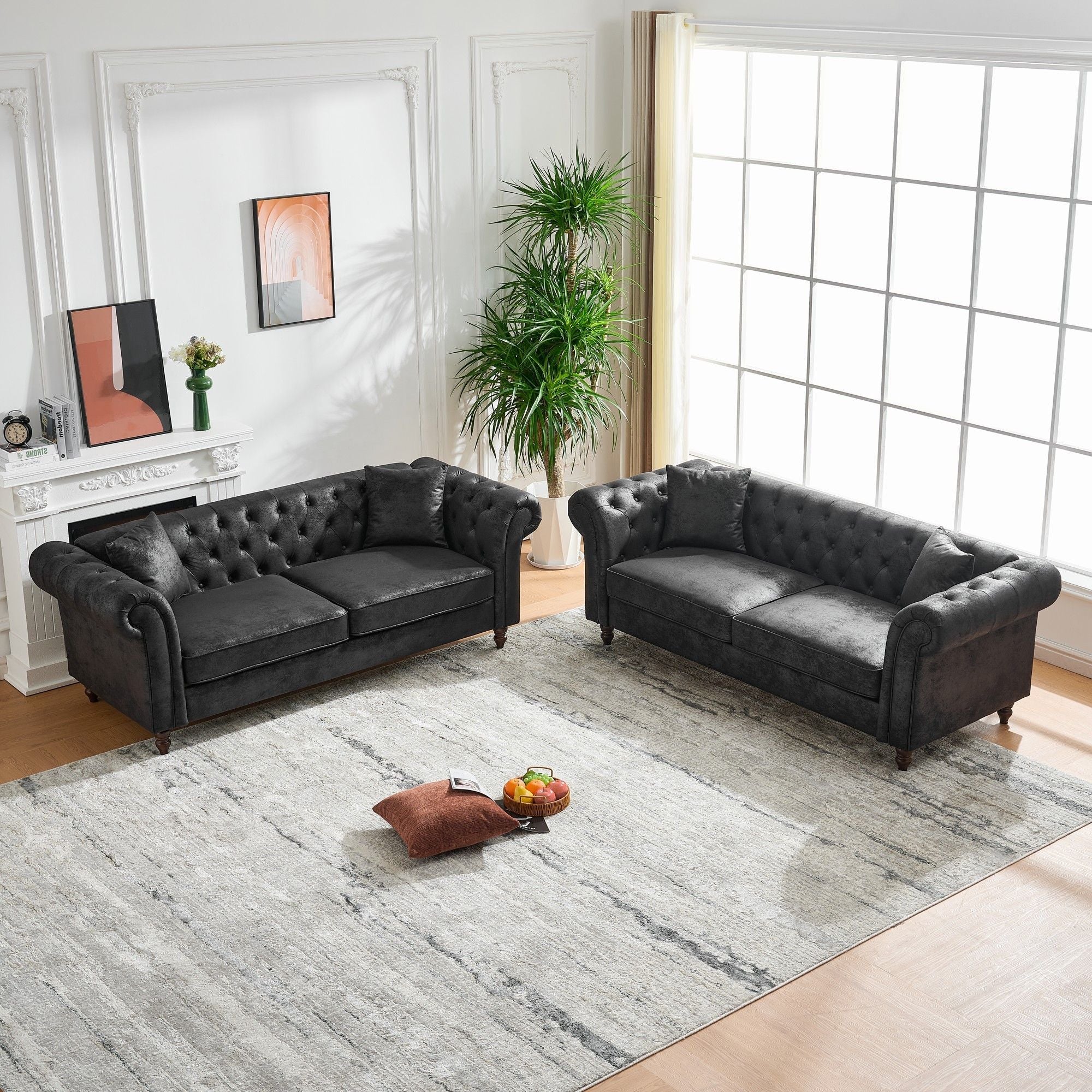 Chesterfield 3 And 3 Seater Sofa Set High Tech Fabric Roll Armrest Upholstered Couch