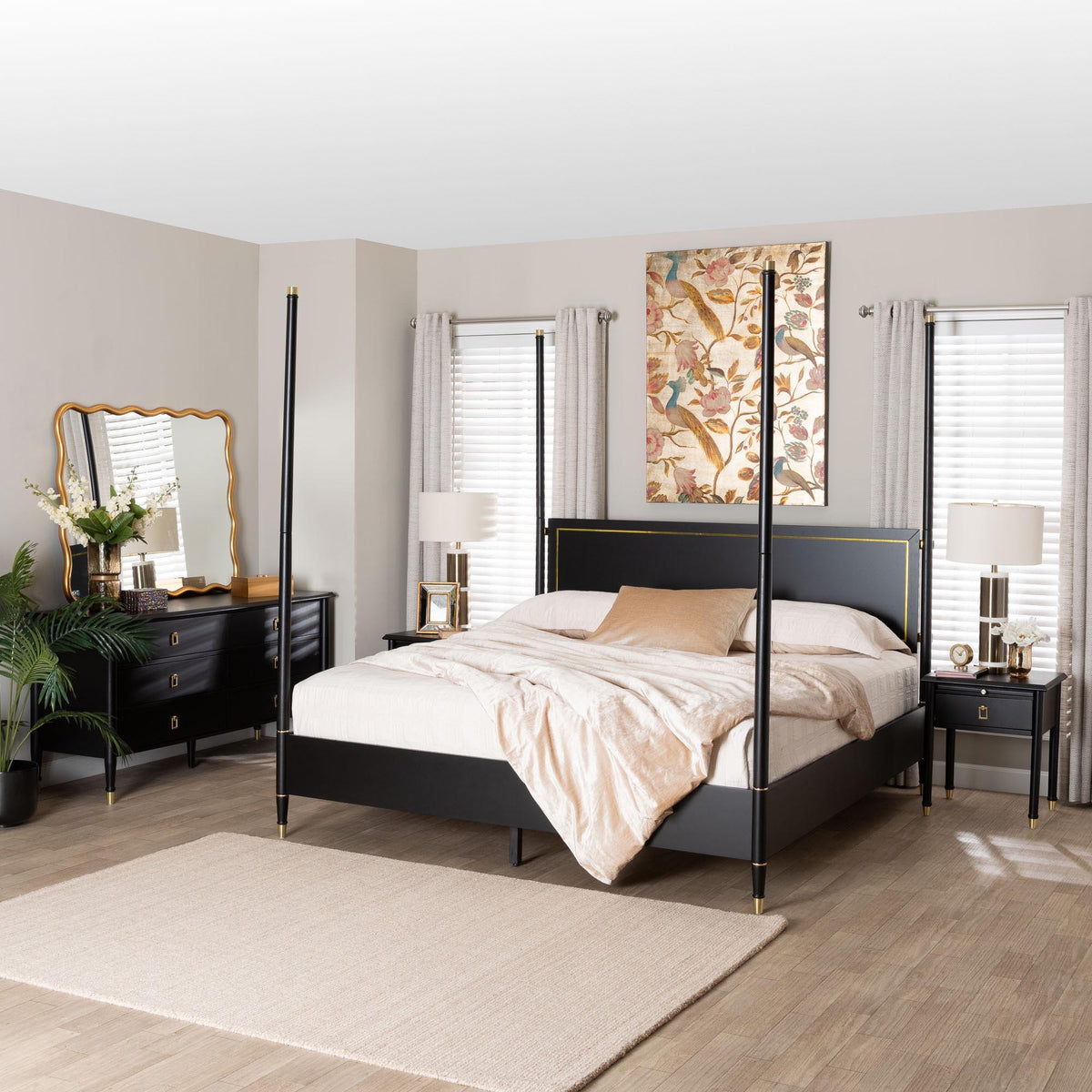 Tamra Four-Poster Platform Bedroom Set - Black Wood Bed Frame with Matching Dresser and Two Nightstands, Modern Transitional Bedroom Furniture, King