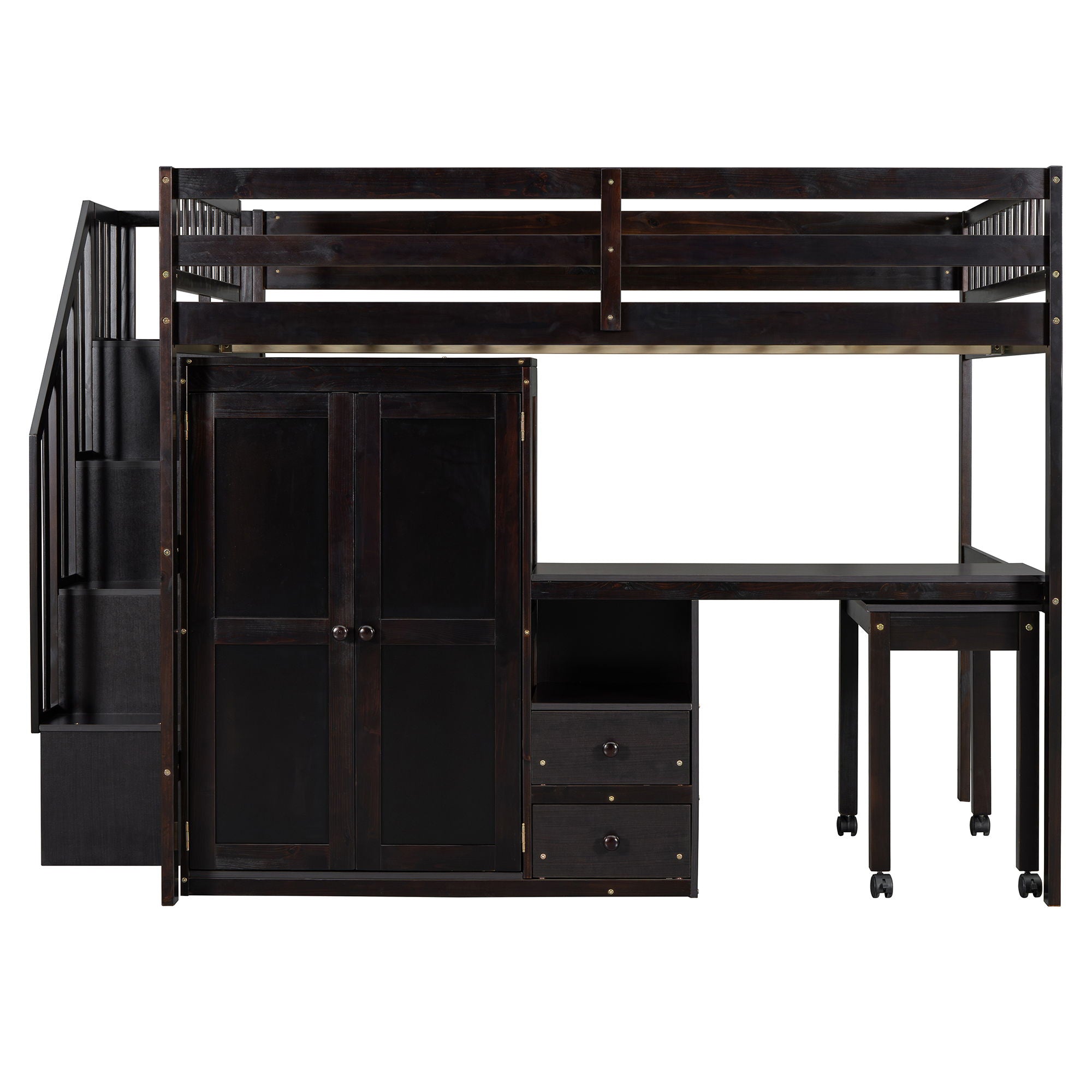 Loft Bed With Stairs, Bookshelf, Drawers, Desk & Wardrobe, Space Saving Multifunctional Furniture