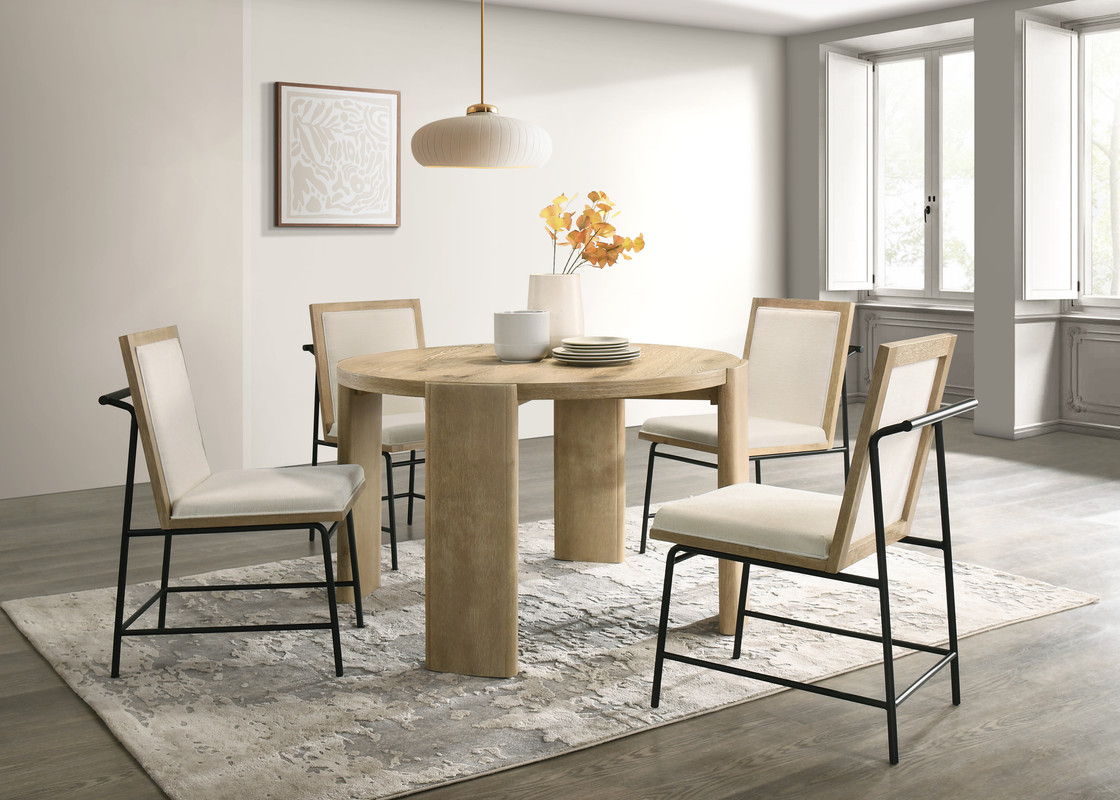 Bowen Oak Finish 47" Round Dining Table Set with Cream Color Upholstered Chairs