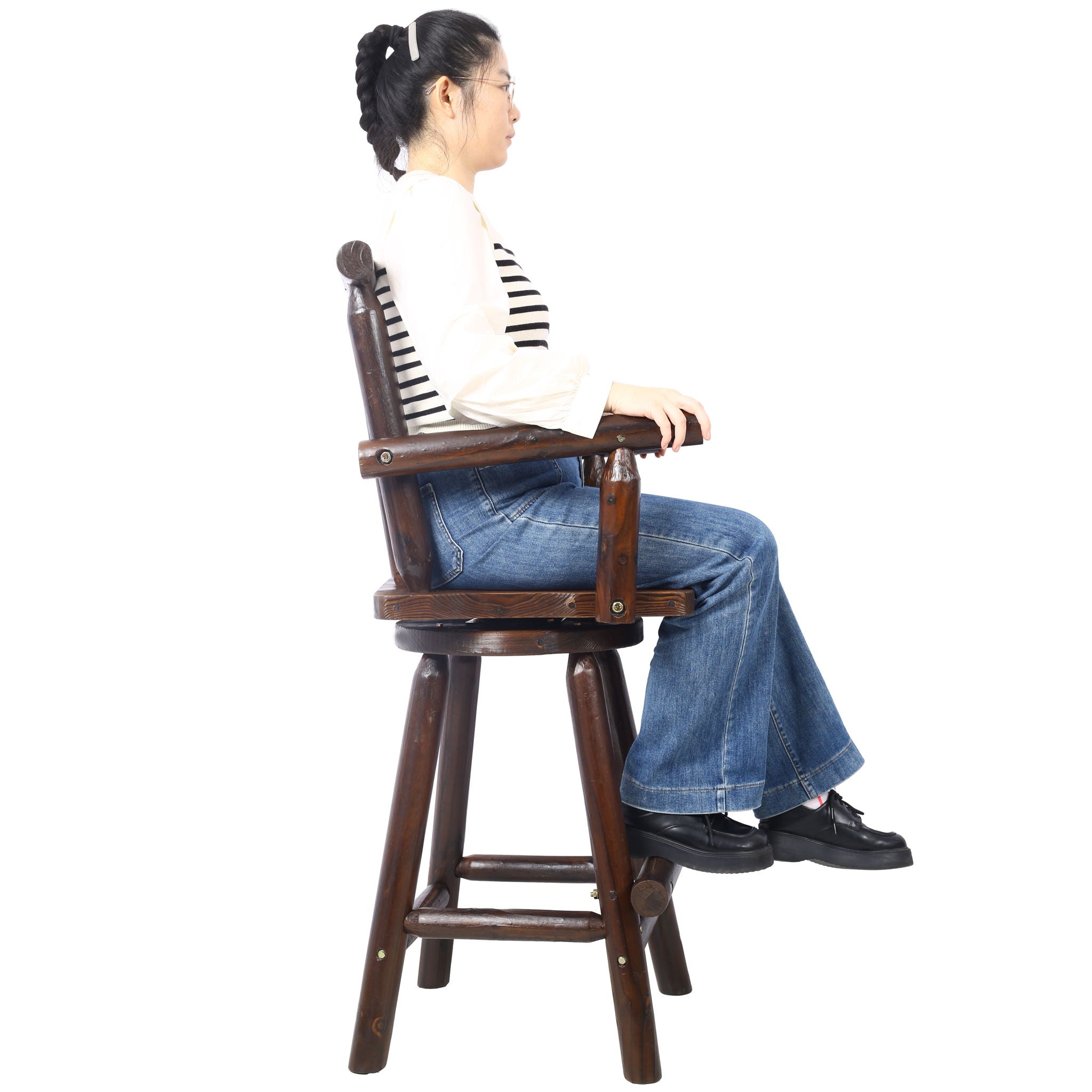 Rustic Bar Stool, Fir Wood Construction, Wide Armrest