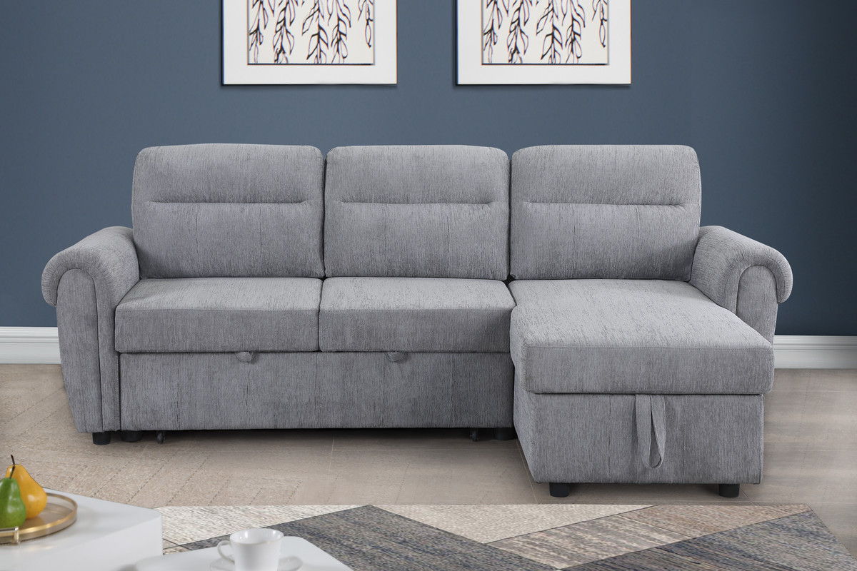 Hugo 97"W Light Gray Chenille Reversible Sleeper Sectional Sofa Chaise with USB Chargers, Phone/Magazine Pockets