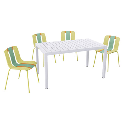 4 Piece Set Of Modern Striped Color- Blocking Single Chairs With Long Table