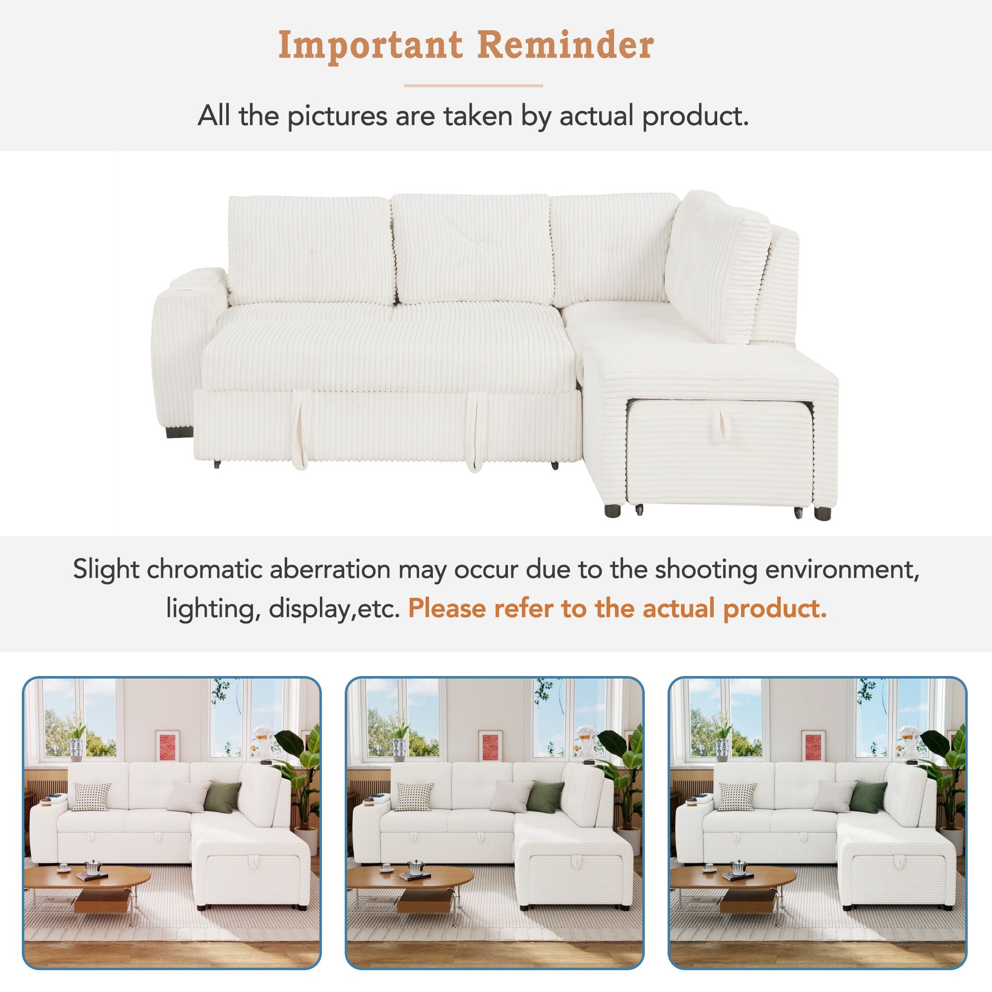 Pull-Out L-Shaped Sectional Sofa With Movable Ottoman And Stool, Large Storage Space, A Cup Holder, And 2 USB Ports For Living Room