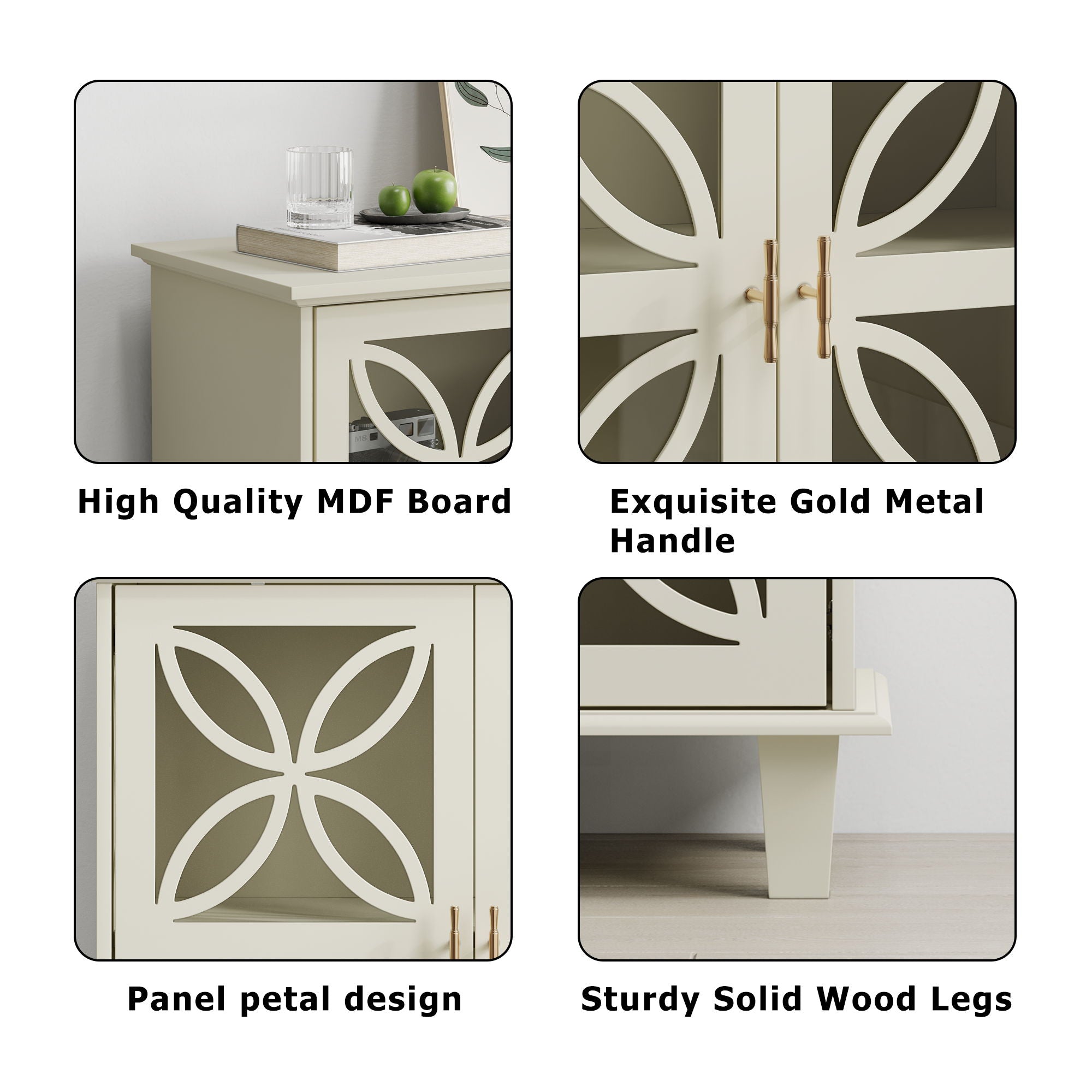 Modern Retro Sideboard Buffet Storage Cabinet With Adjustable Shelves And Tempered Glass Doors - Cream Color