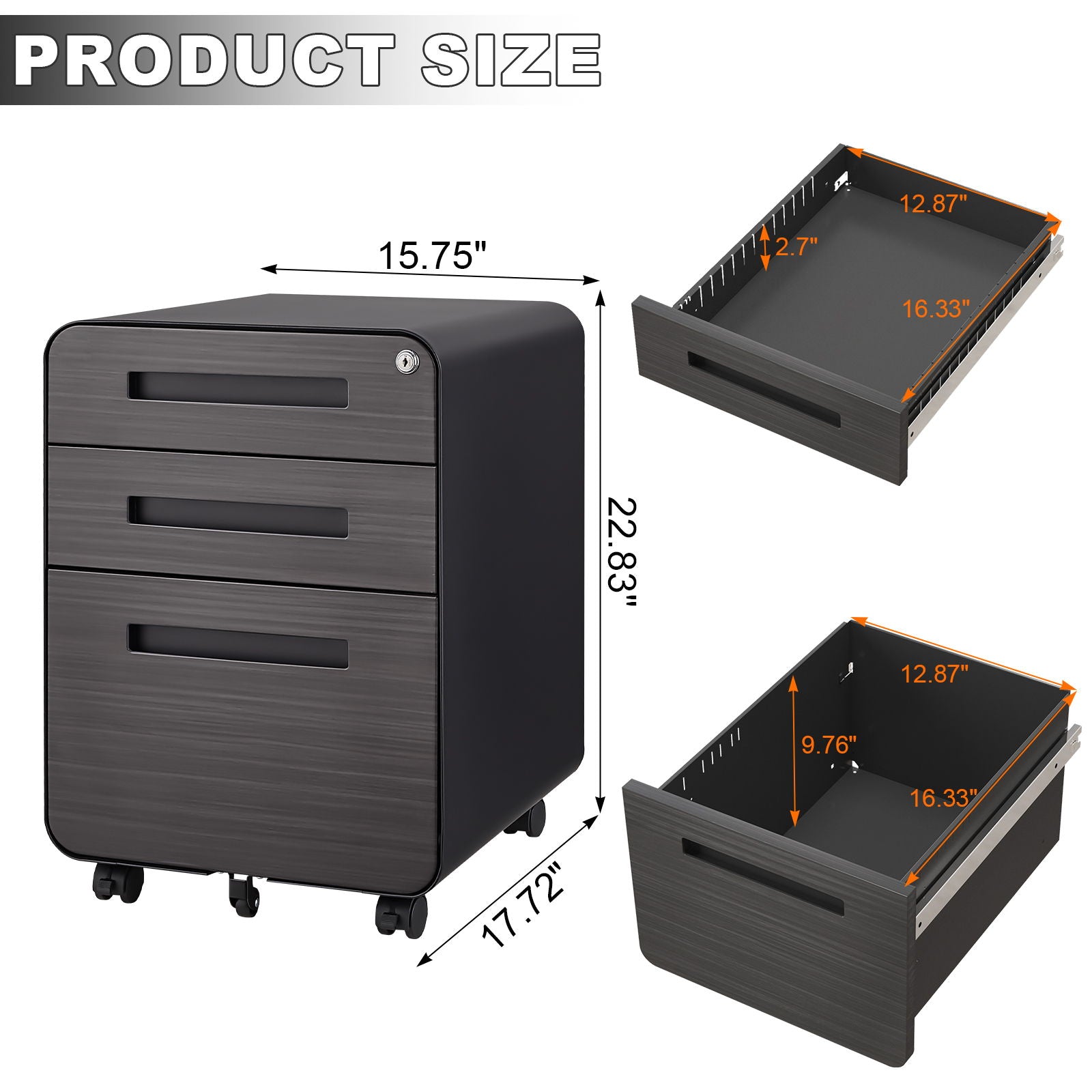 3 Drawer Mobile File Cabinet Under Desk Office, Simple Style Versatile Storage Cabinet For Legal / Letter / A4 Files, 5 Wheel Design Anti-Tilting Cold Rolled Steel Waterproof Moisture-Proof