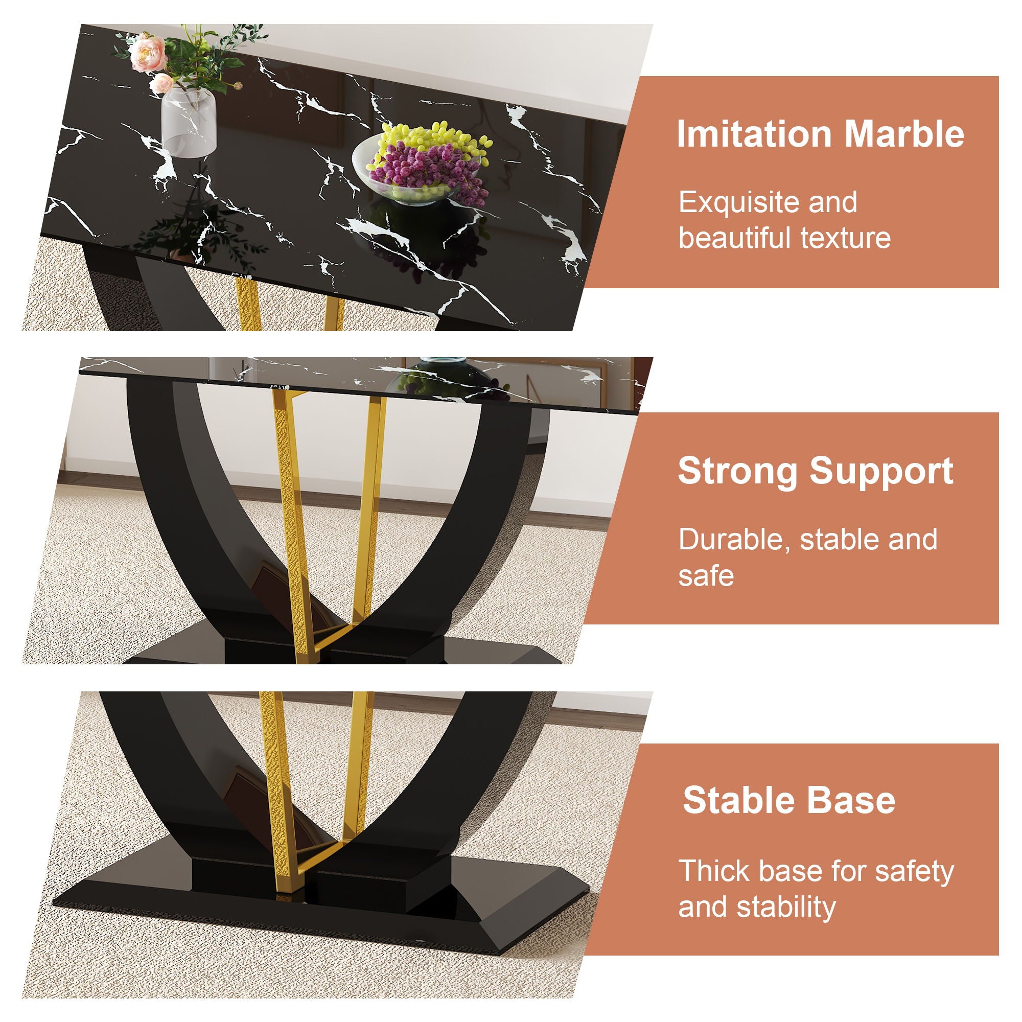 Modern Minimalist Luxurious Imitation Marble Dining Table Rectangular Office Desk With Tempered Glass - Black