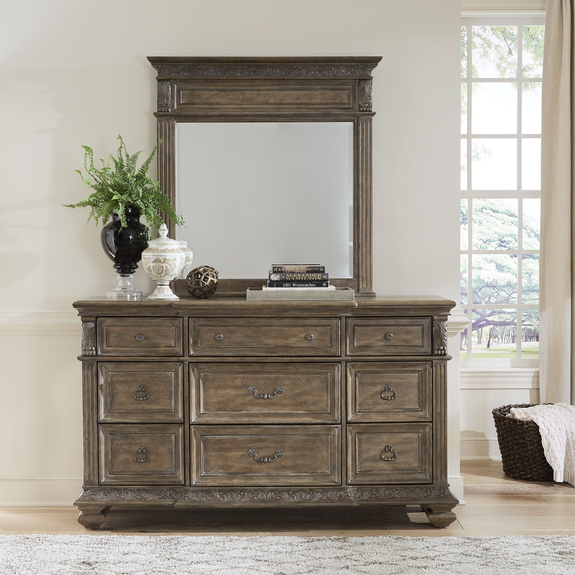 Liberty Furniture Carlisle Court - Dresser & Mirror - Medium Brown | Meri Furniture
