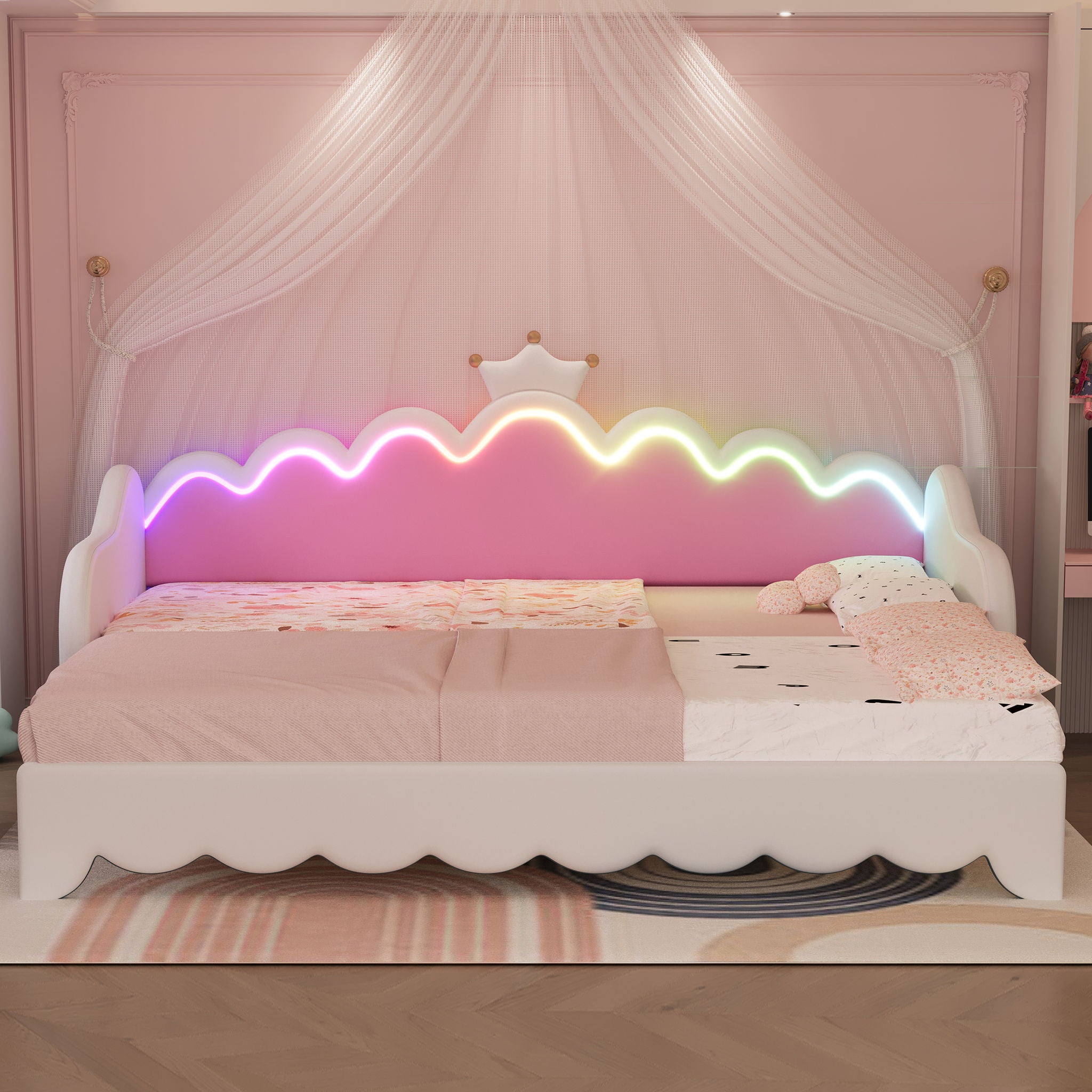 Extending Daybed With LED Lights, Modern Upholstered Princess Daybed With Crown Headboard