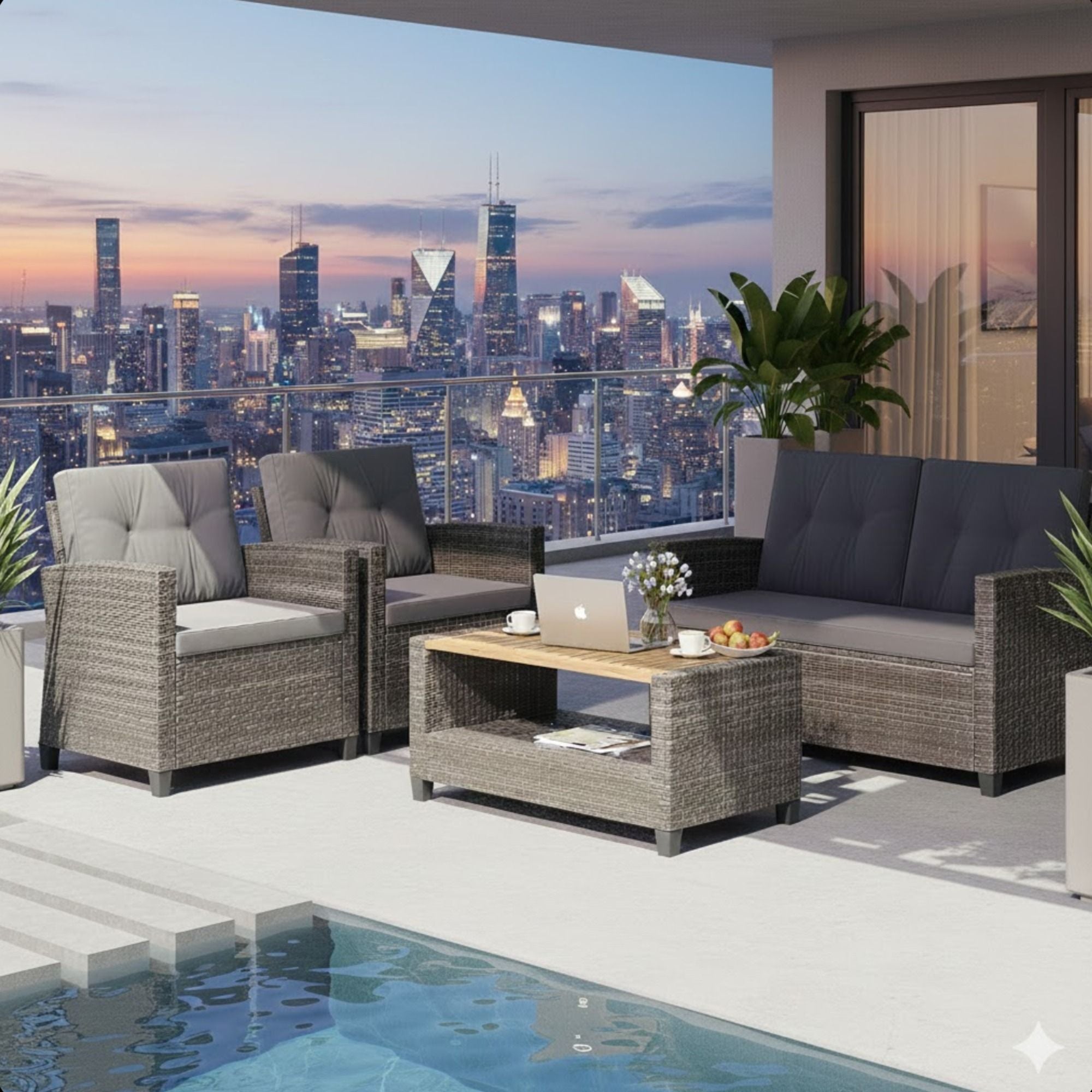 Modern All-Weather Patio Set With Cushions And Table