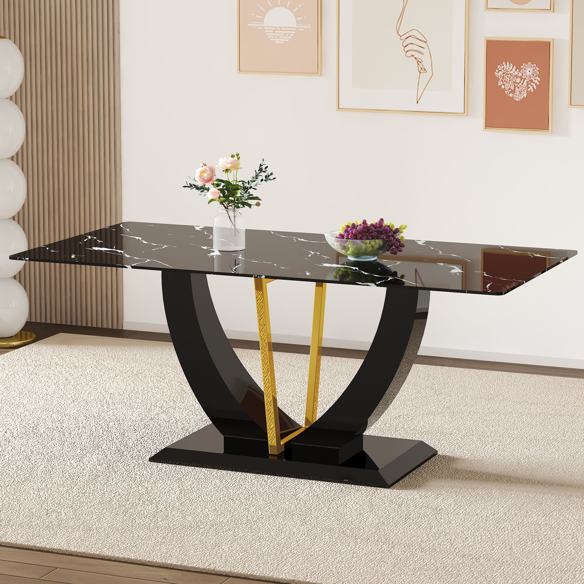 Modern Minimalist Luxurious Imitation Marble Dining Table Rectangular Office Desk With Tempered Glass - Black