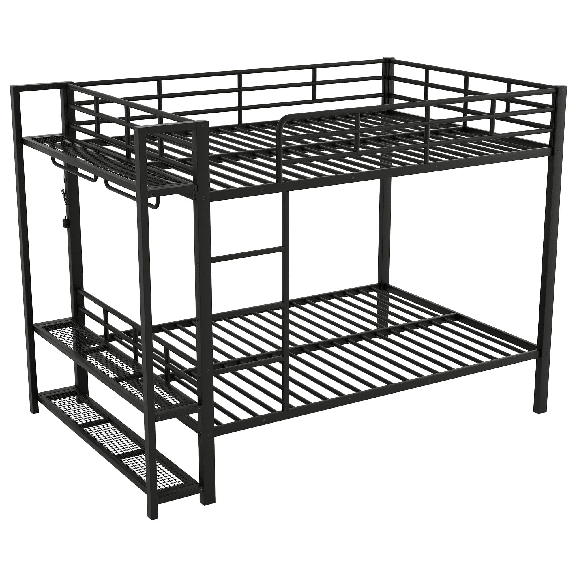 Bunk Bed With Storage Mesh Shelves, Clothes Hooks, LED Light
