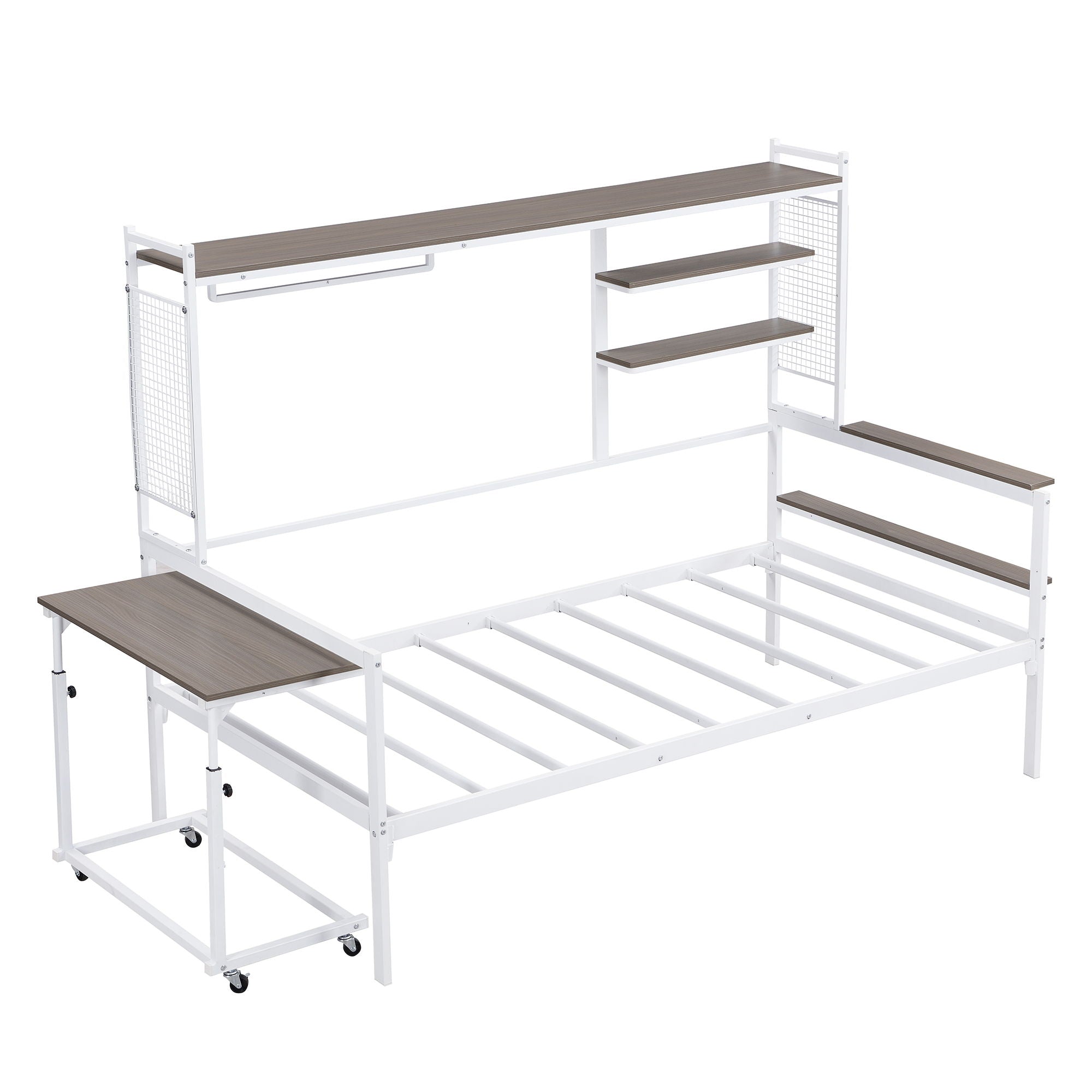 Daybed With Movable Desk, Grid, Shelves And Clothes Hanger