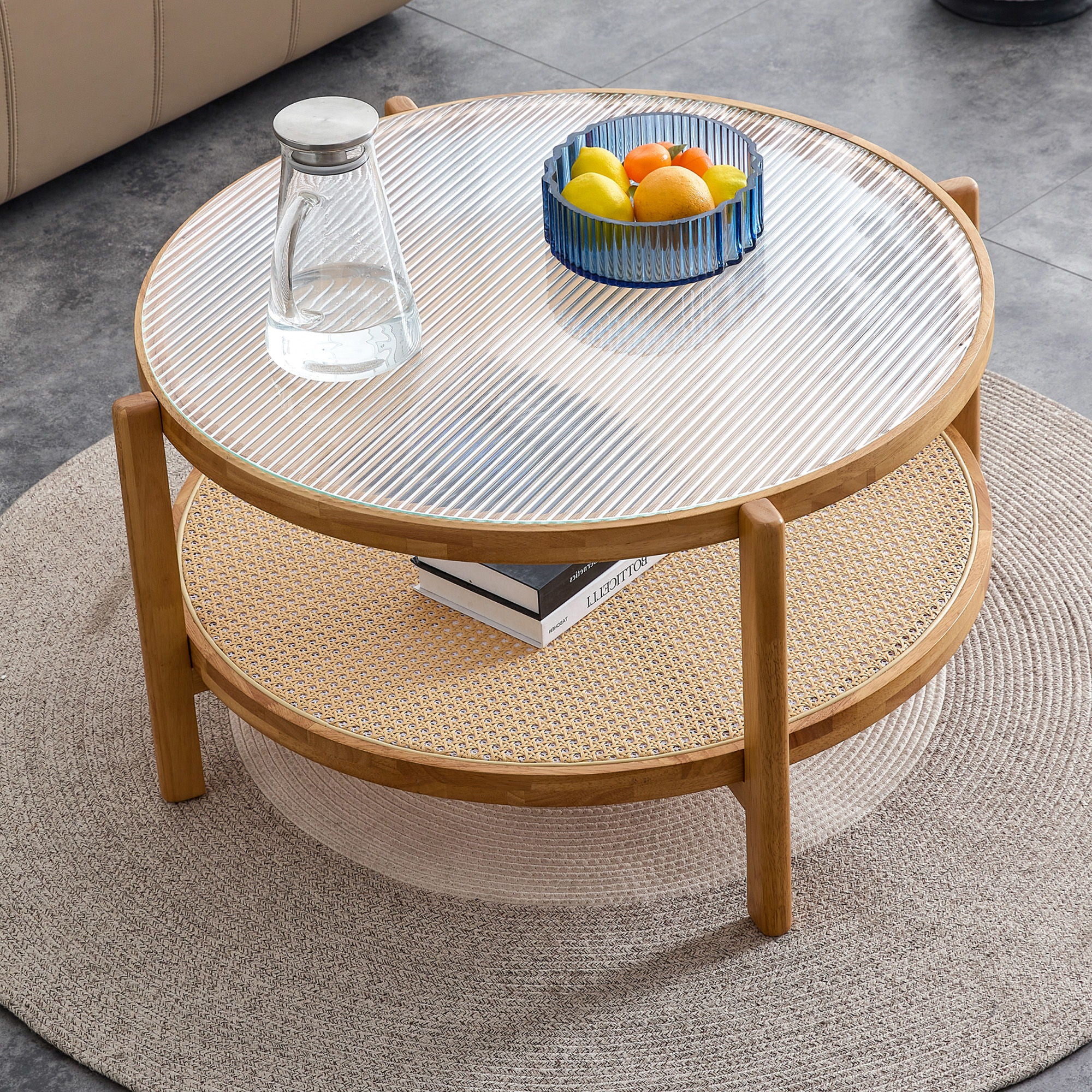 Modern Style Circular Double Layer Tea Table With Rattan Weave