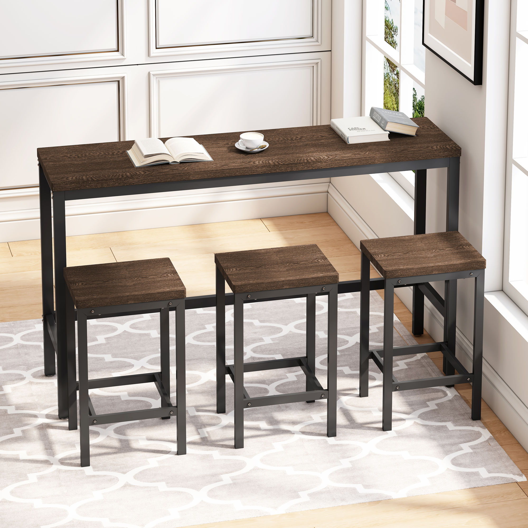 Modern Design Long Dining Table Set With 3 Stools