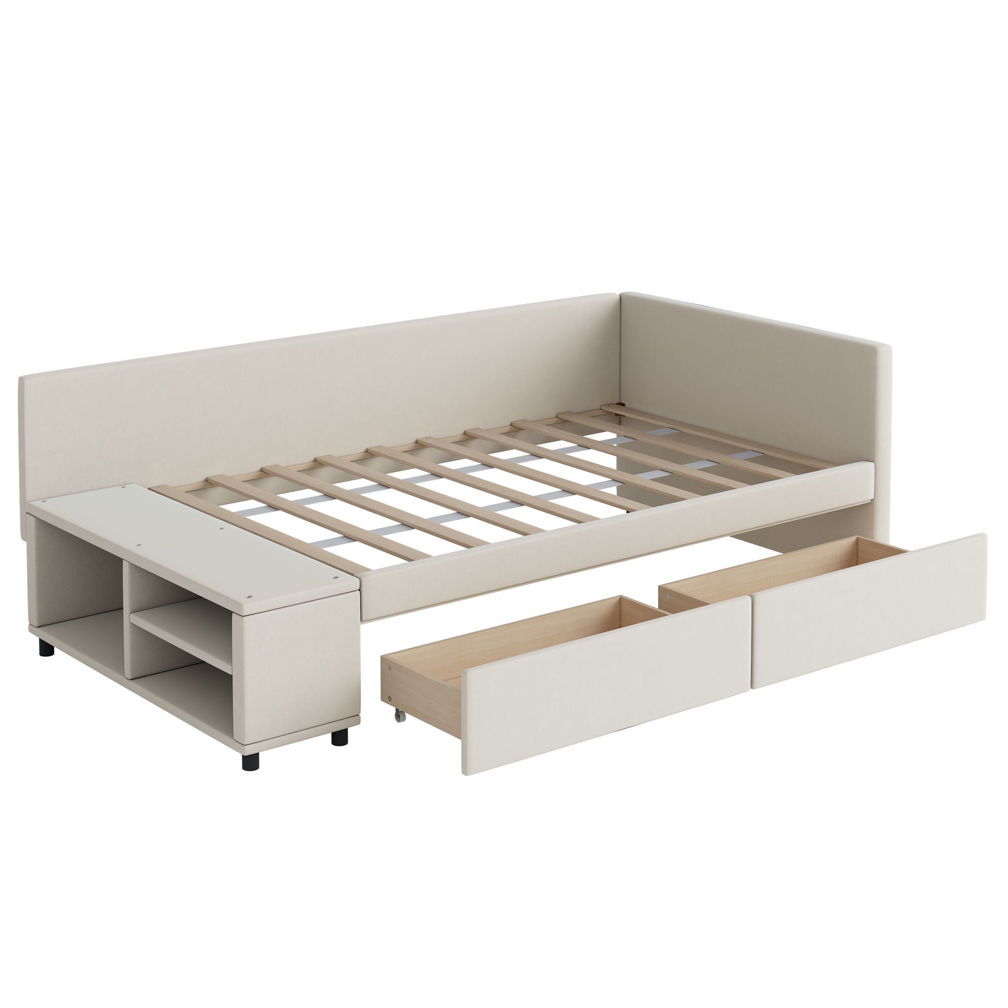 L Shaped Upholstered Platform Bed With Storage And Drawers