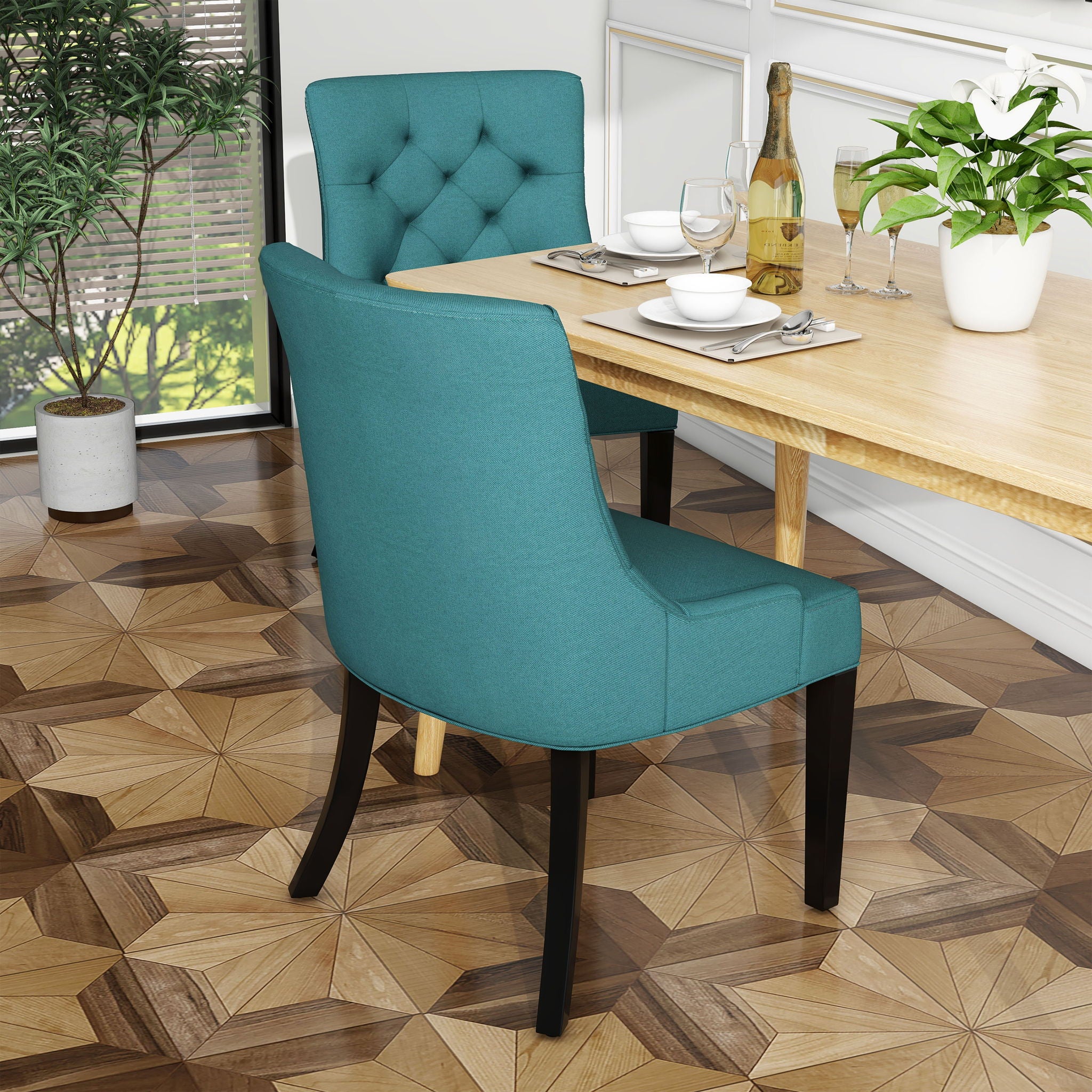 Dining Chair (Set of 2) With Upholstered Diamond Tufting And Espresso Birch Legs - Teal