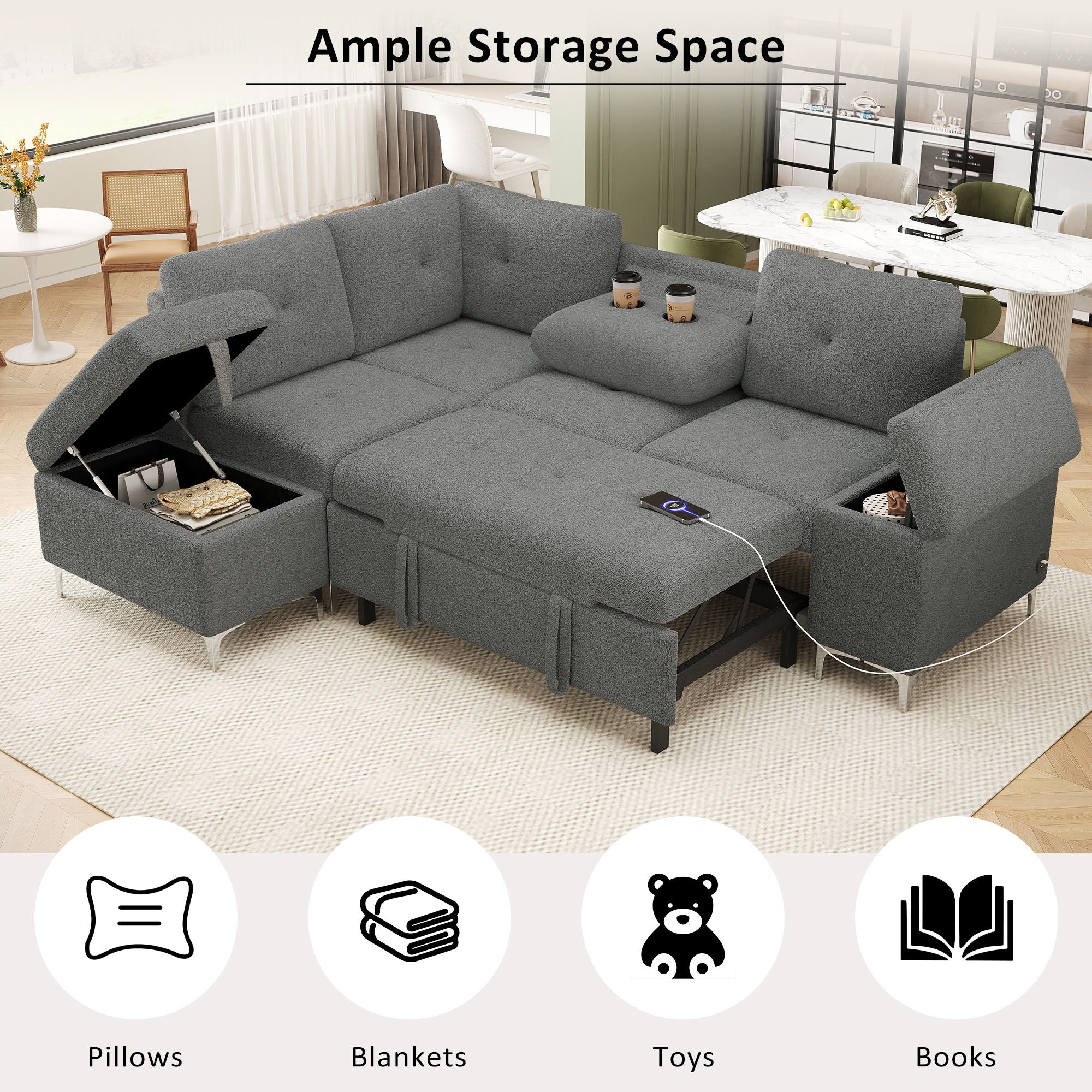 Versatile L Shaped Sofa Bed With Storage, Cup Holders, USB Ports Chenille