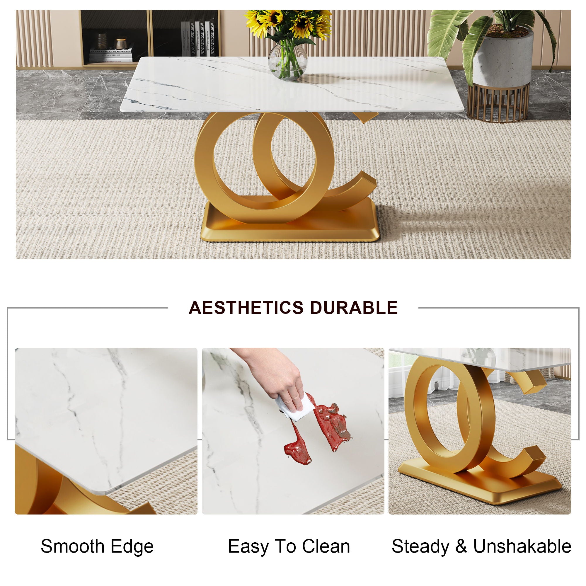 Modern Minimalist Rectangular Dining Table For 6 - 8 People With Brackets And Aureate Base - Gold