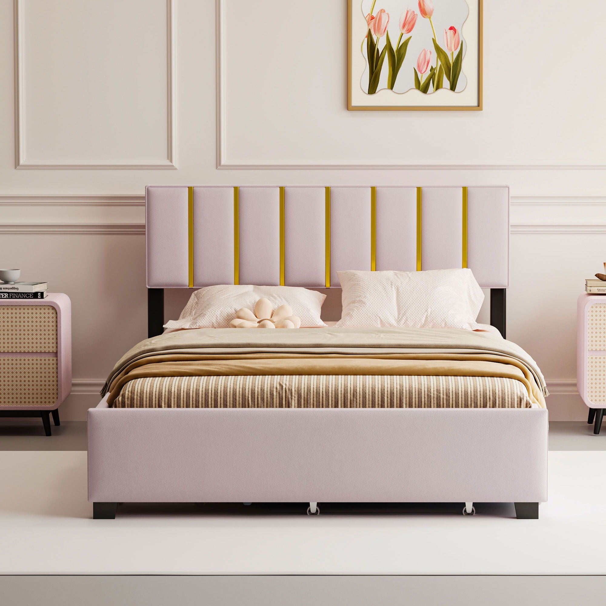 Upholstered Platform Bed With 2 Drawers And 1 Trundle, Classic Strip Headboard Design