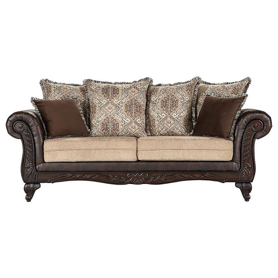 Coaster Fine Furniture Elmbrook - Upholstered Rolled Arm Sofa Set With Intricate Wood | Meri Furniture