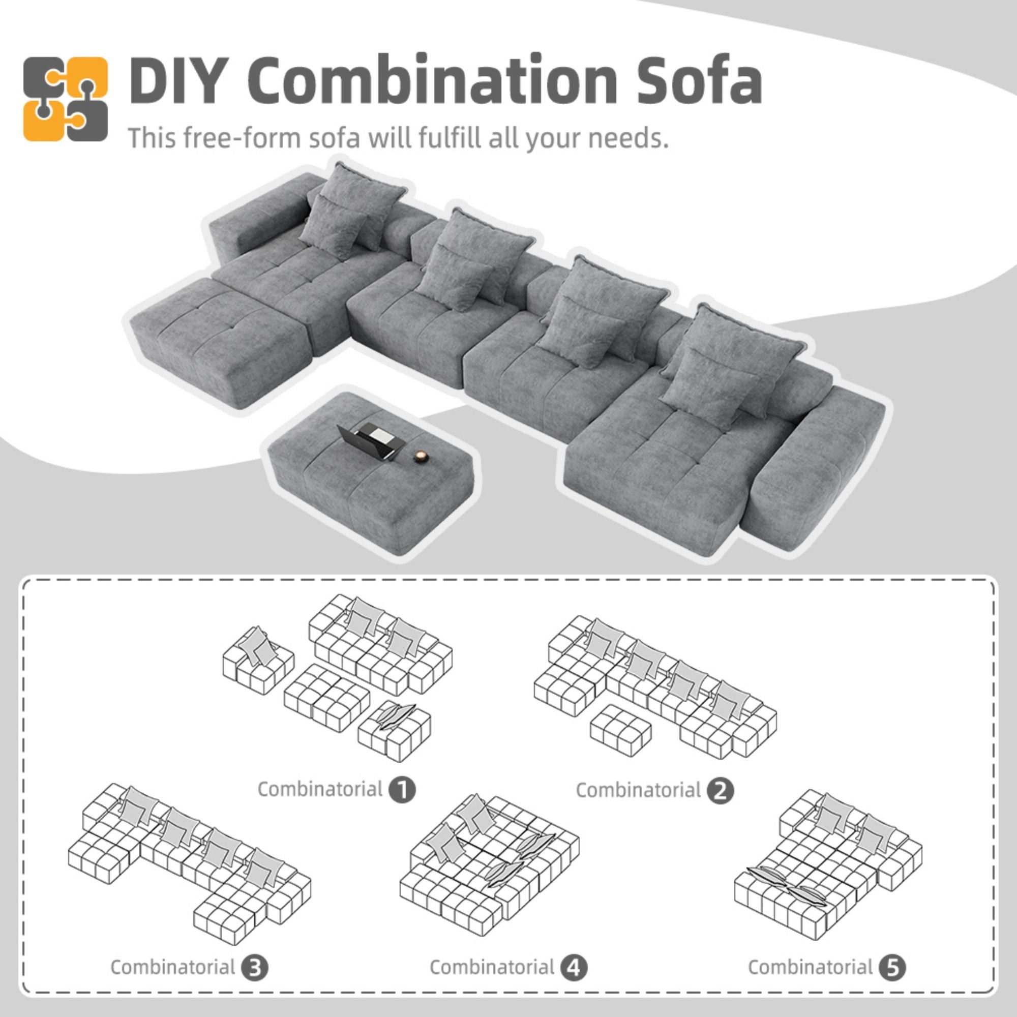 Modern Oversized, Modular Sectional Sofa With Pillows