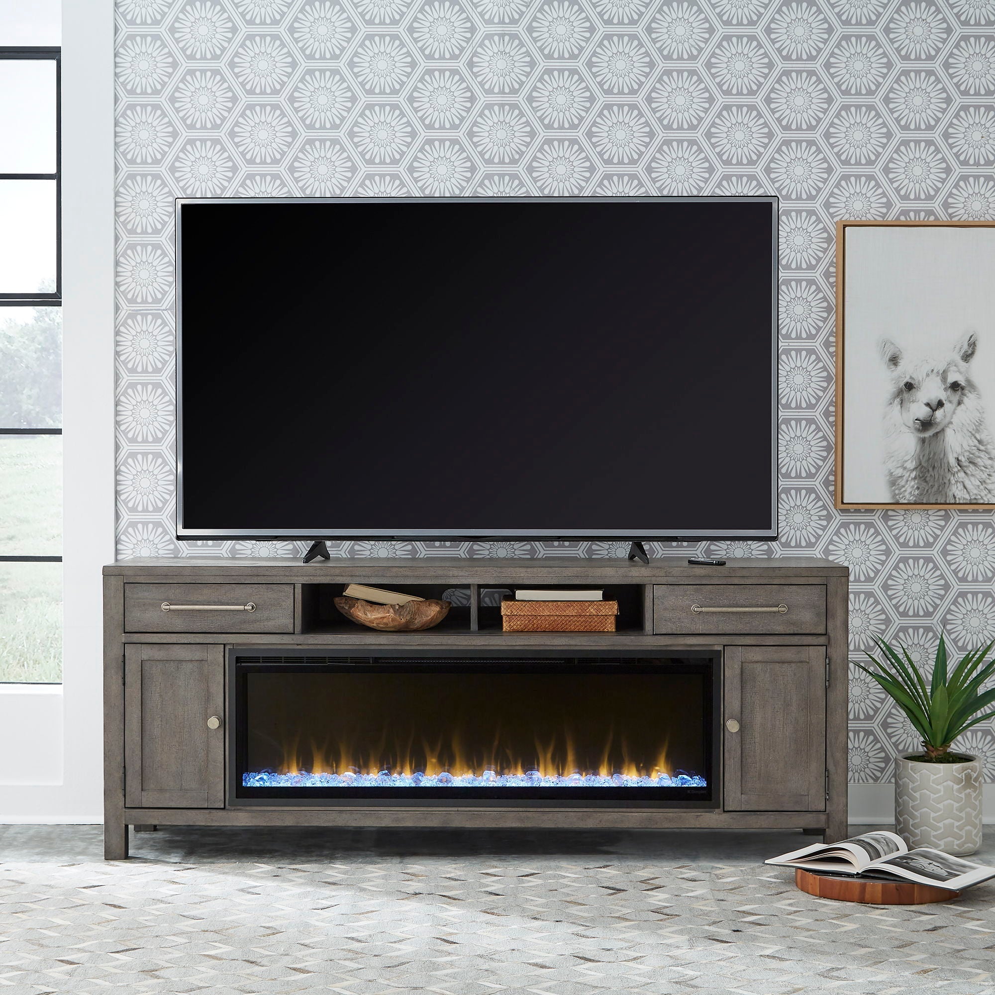 Liberty Furniture Modern Farmhouse - 78" Console With Fire - Dark Gray | Meri Furniture
