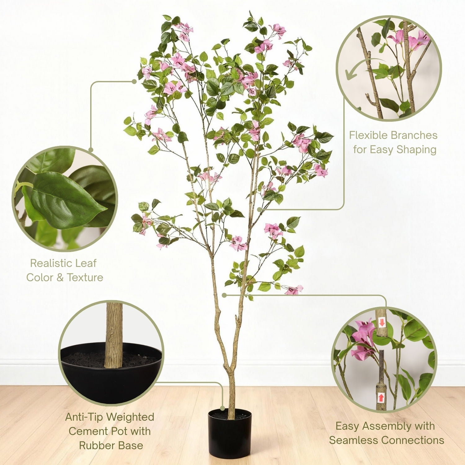 Artificial Bougainvillea Tree With Pot, Realistic Faux Flowering Plant Leaves And Blooms, Decor For Home Office - Green Leaves / Pink