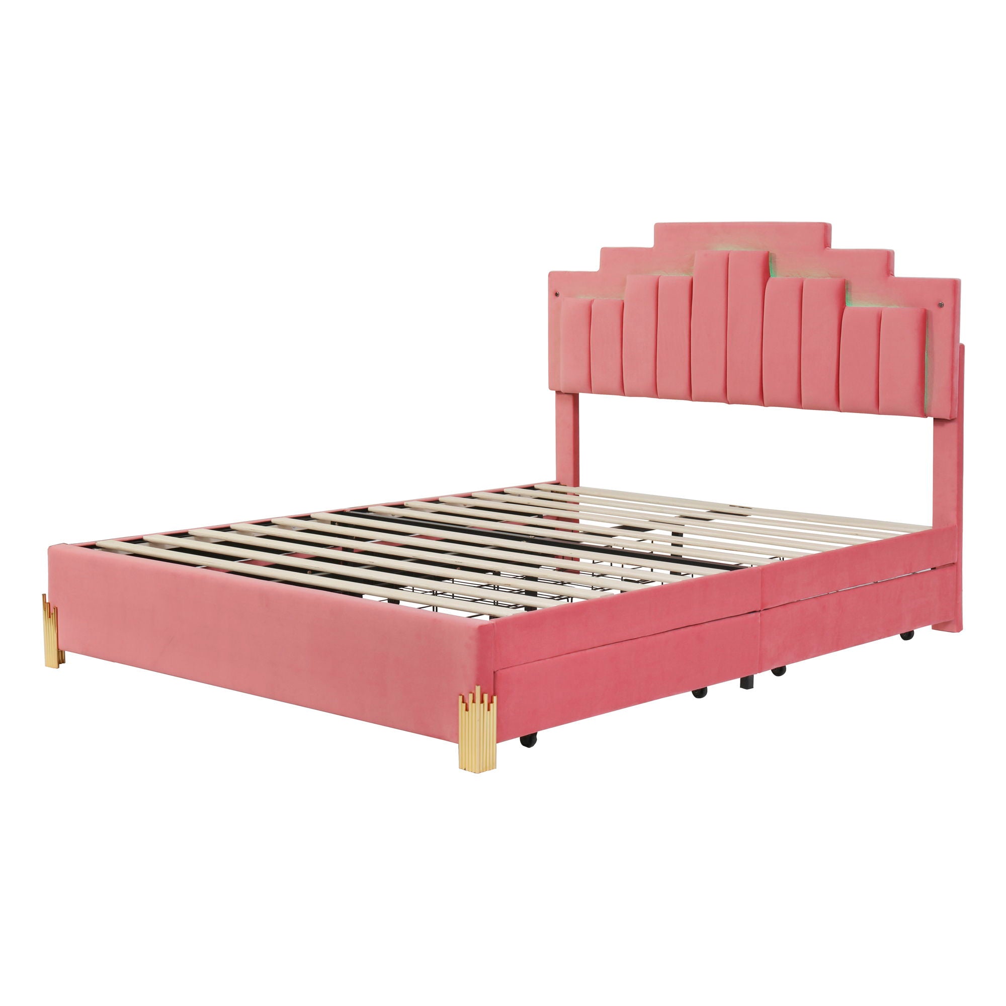 Queen Size Upholstered Platform Bed With LED Lights And 4 Drawers, Stylish Irregular Metal Bed Legs Design - Pink