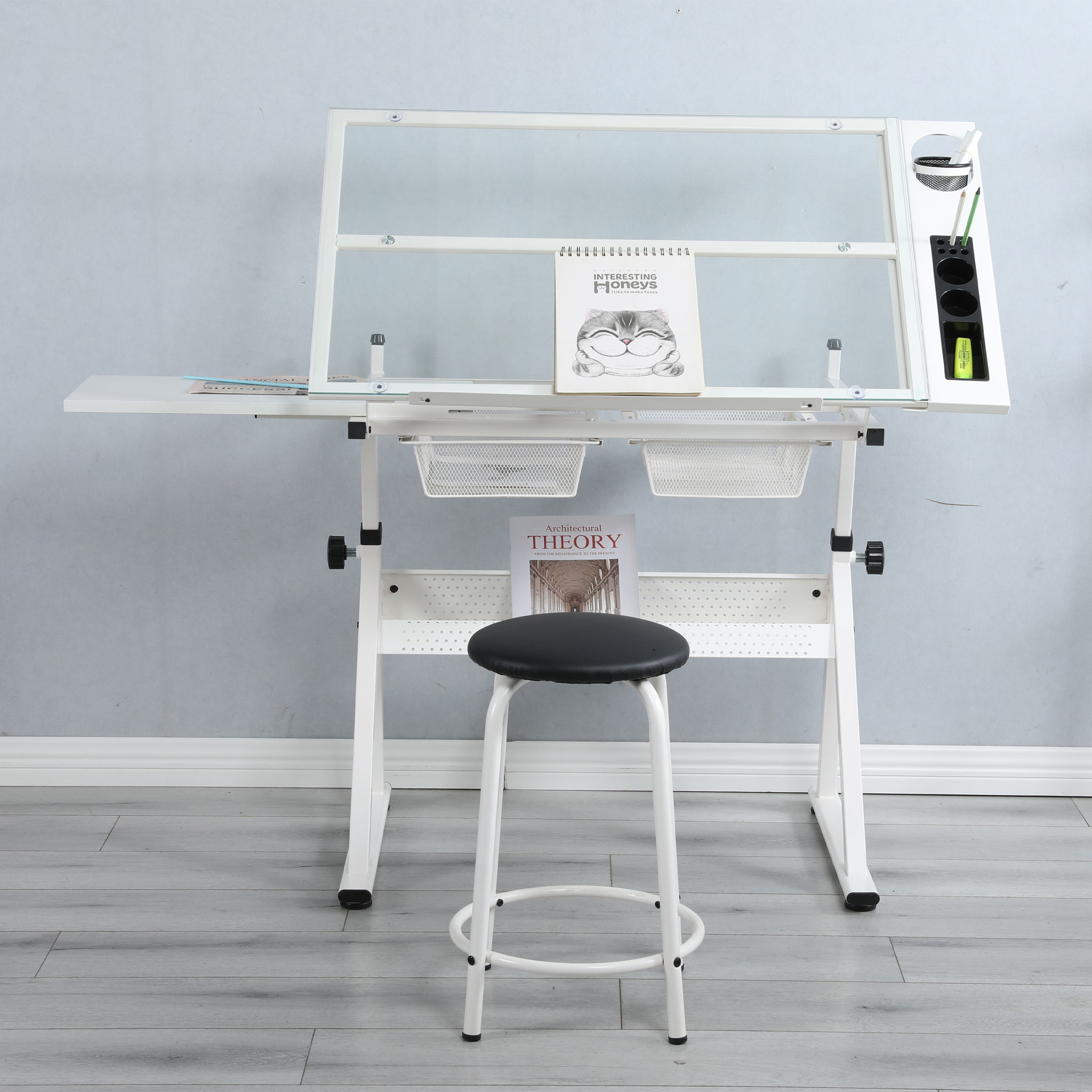 Adjustable Tempered Glass Drafting Printing Table With Chair