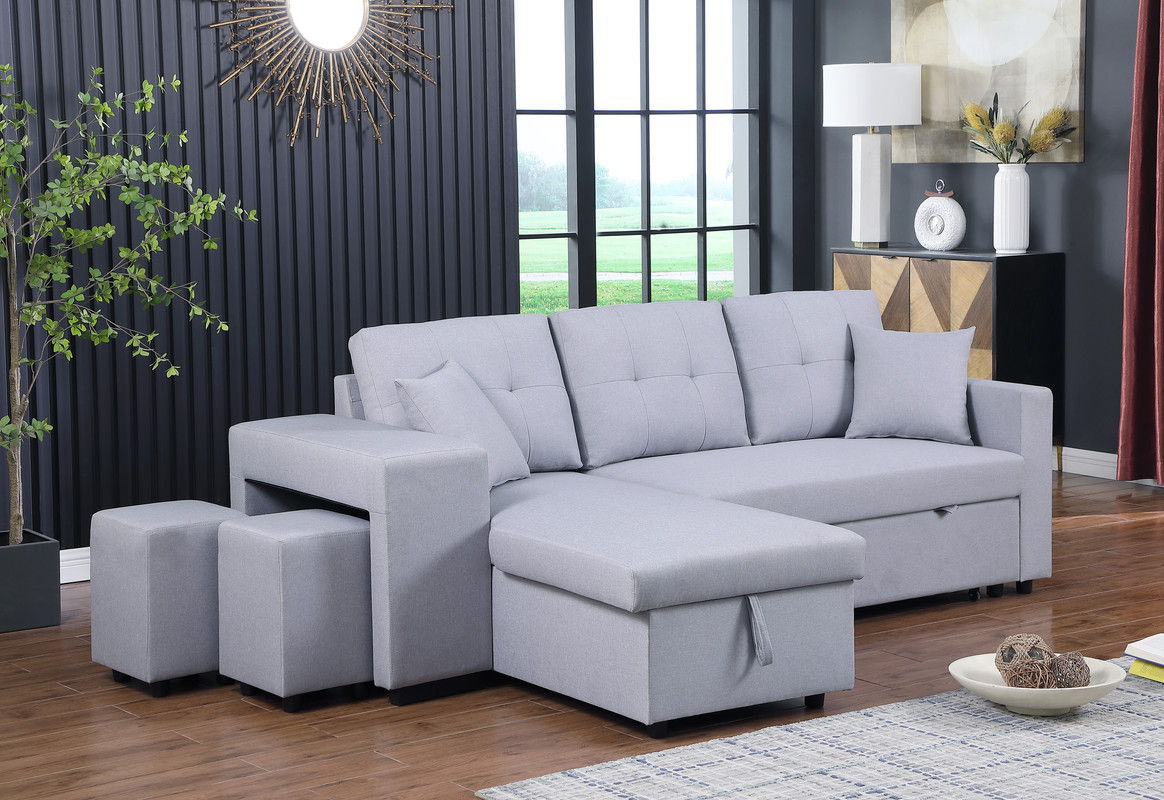 Dennis 93"W Light Gray Linen Fabric Reversible Sleeper Sectional with Storage Chaise and 2 Stools