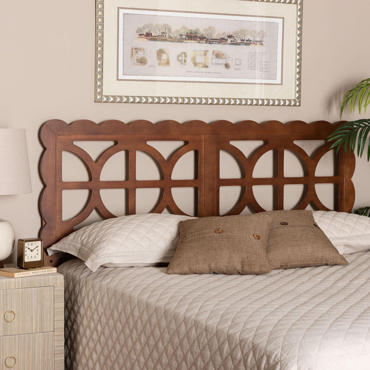 Nansen Wood Headboard with Scalloped Frame - Geometric Cutout Decorative Panel for Bed Frame, Modern Coastal Bedroom Accent with Adjustable Height, Full, Walnut