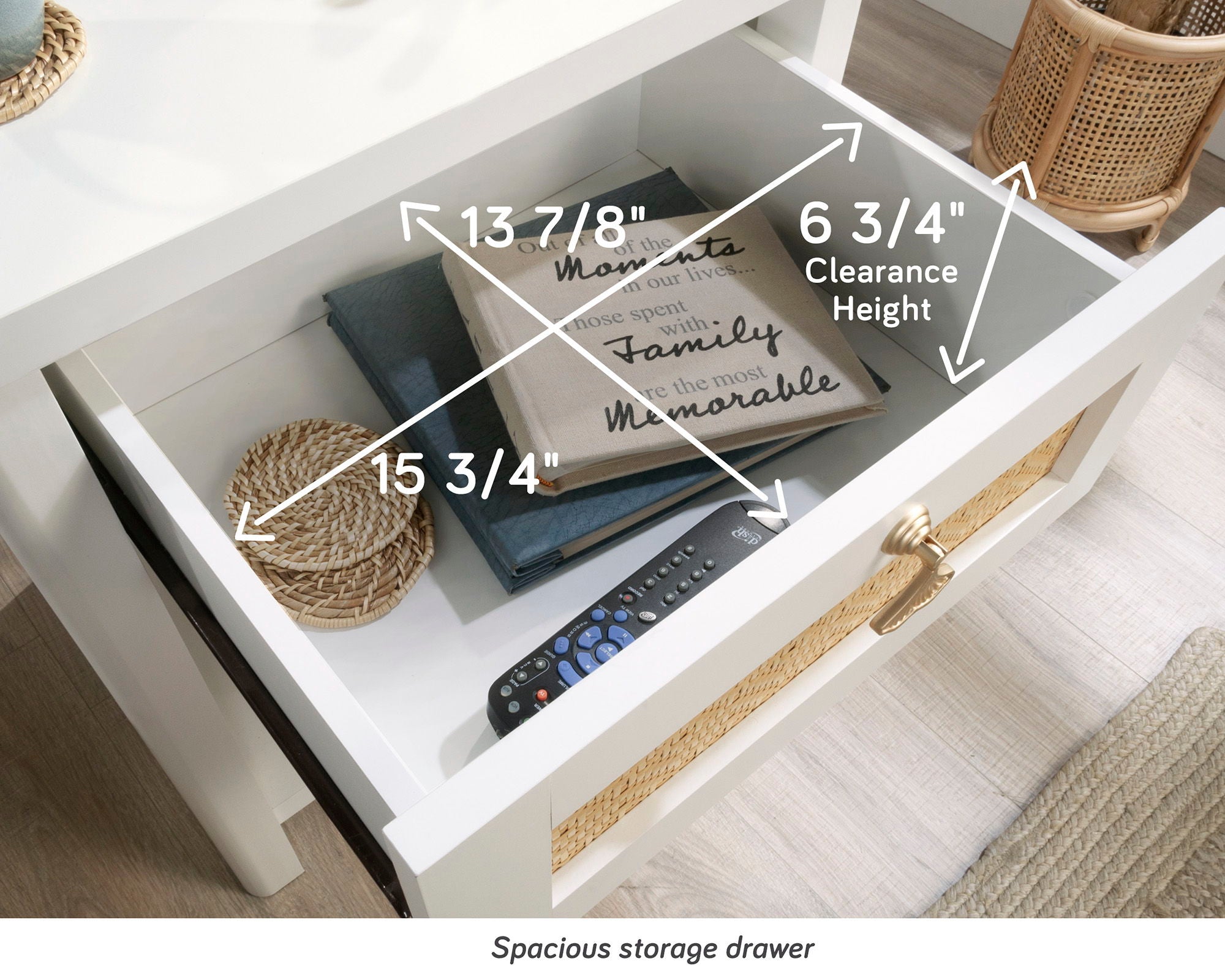 Night Stand with Open Storage in White/Rattan