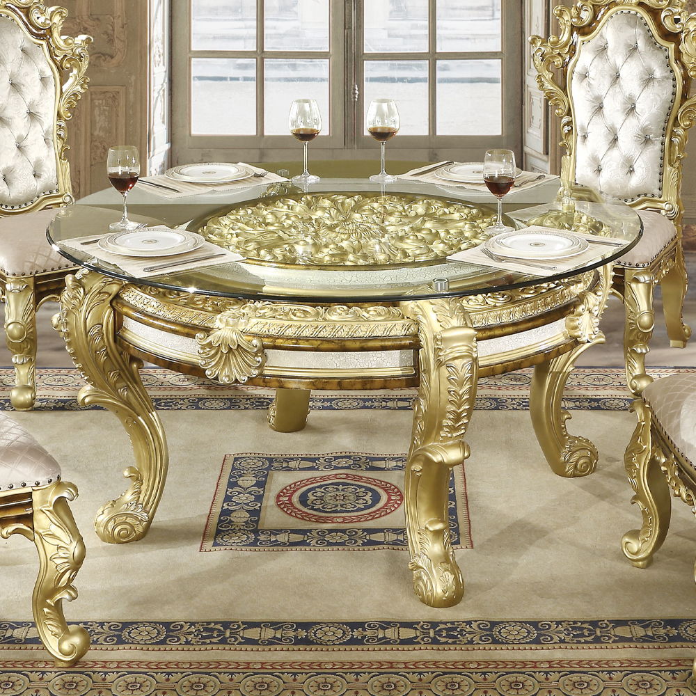 ACME Desiderius - Round Dining Table - Antique Gold & Hand-Painted Brown | Meri Furniture