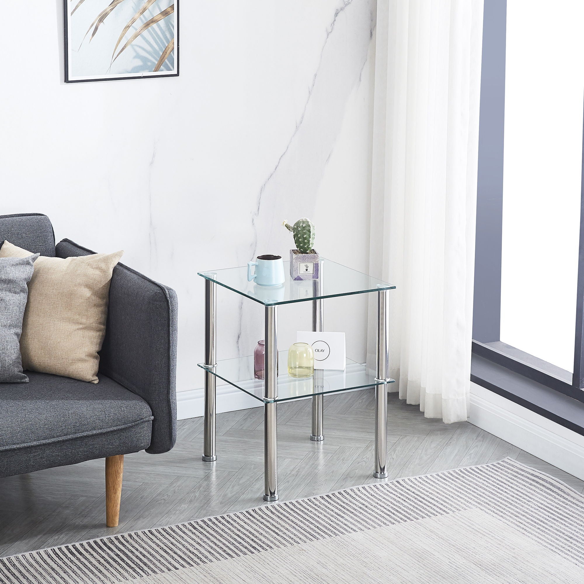 Modern 2 Piece Side Table With Storage Shelf, Tempered Glass, Space Saving Design - Clear