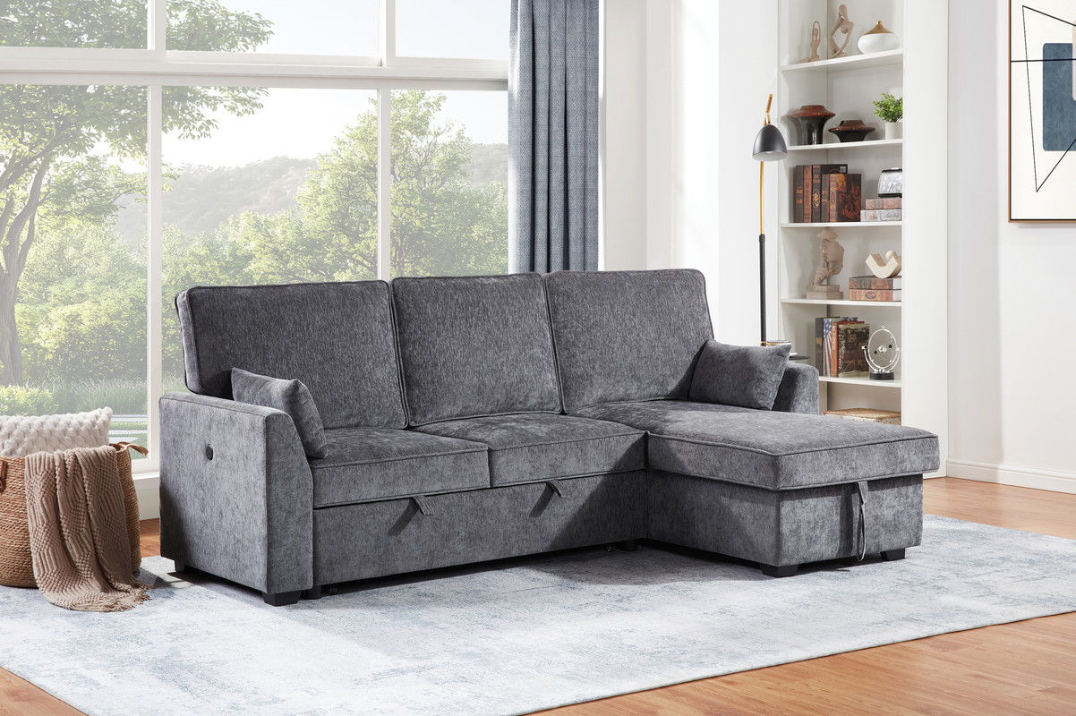 Emmy 89"W Dark Gray Fabric Sleeper Sectional Sofa with Reversible Storage Chaise, USB & USB-C Charging Ports, Cupholders, Pillows