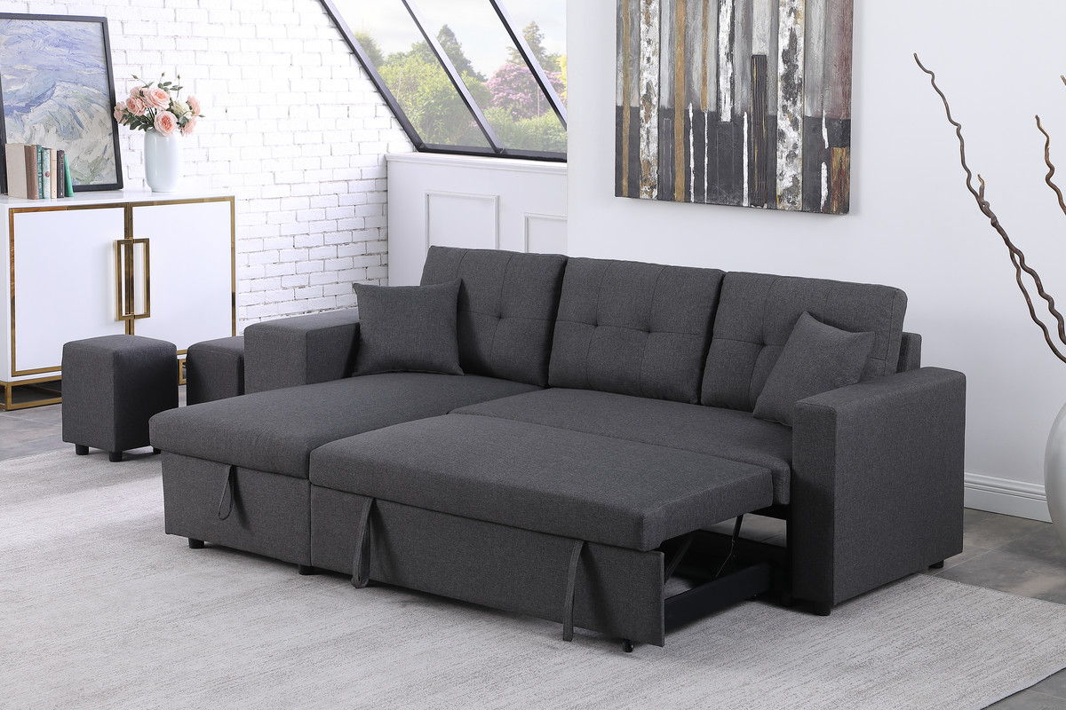 Dennis 93"W Dark Gray Linen Fabric Reversible Sleeper Sectional with Storage Chaise and 2 Stools