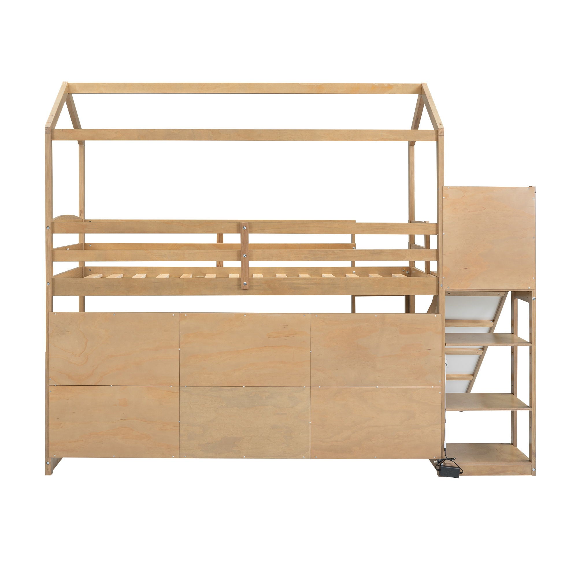 House Loft Bed With Slide, Storage Shelves And Light, Climbing Ramp